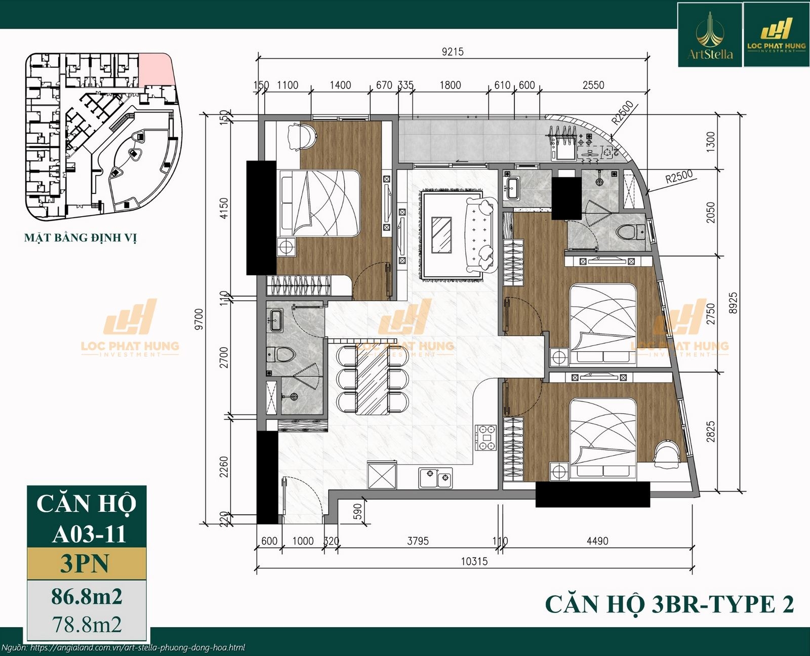 Thiết kế căn hộ 3PN diện tích 86.8m2 dự án căn hộ chung cư Art Stella, Phường Đông Hòa, TPHCM