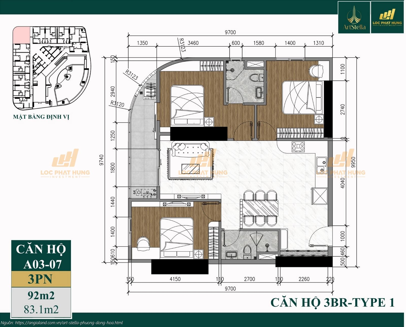 Thiết kế căn hộ 3PN diện tích 92m2 dự án căn hộ chung cư Art Stella, Phường Đông Hòa, TPHCM