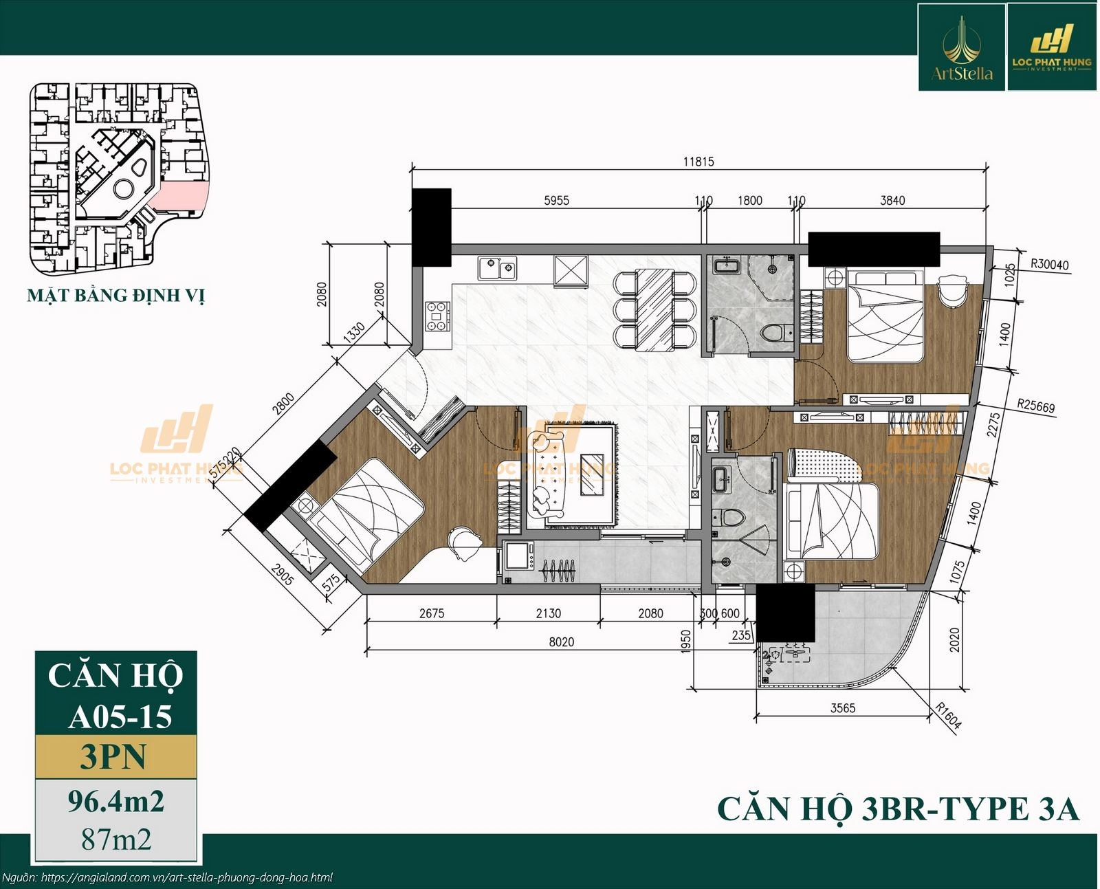 Thiết kế căn hộ 3PN diện tích 96.4m2 dự án căn hộ chung cư Art Stella, Phường Đông Hòa, TPHCM