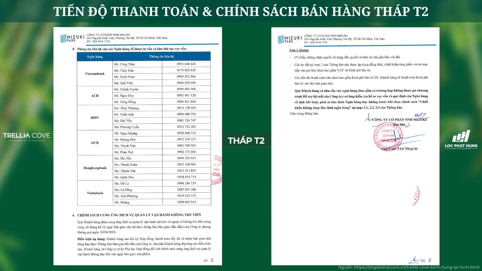 Tiến Độ Thanh Toán & Chính Sách Bán Hàng Tháp T2 Trellia Cove Mizuki Park