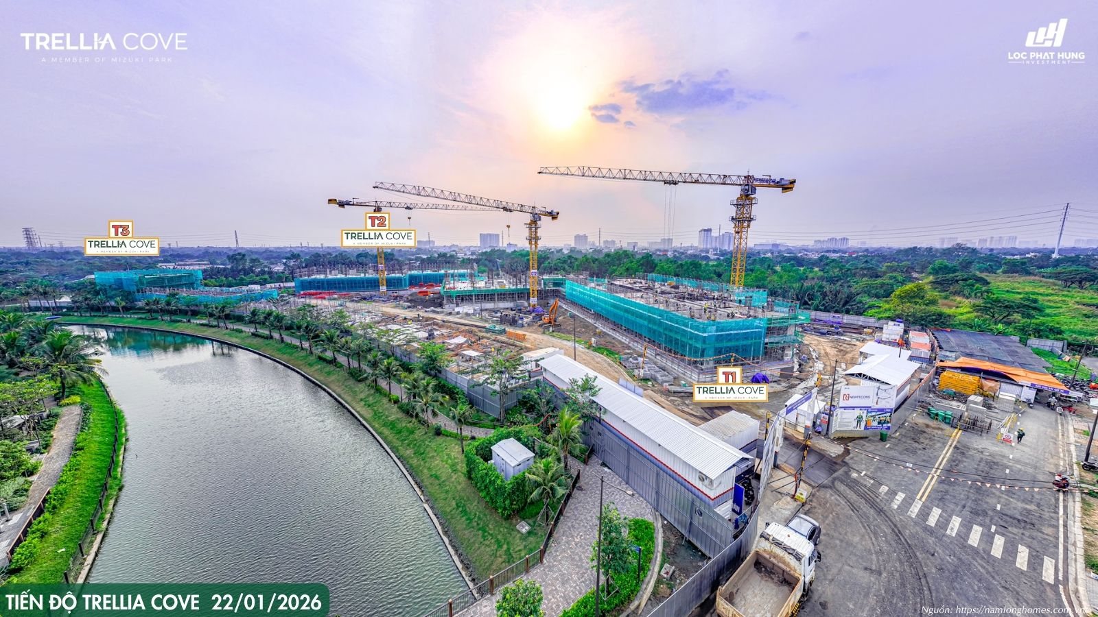 Hình Ảnh Flycam Toàn Cảnh Tiến Độ Trellia Cove Mizuki Park Ngày 22/01/2026