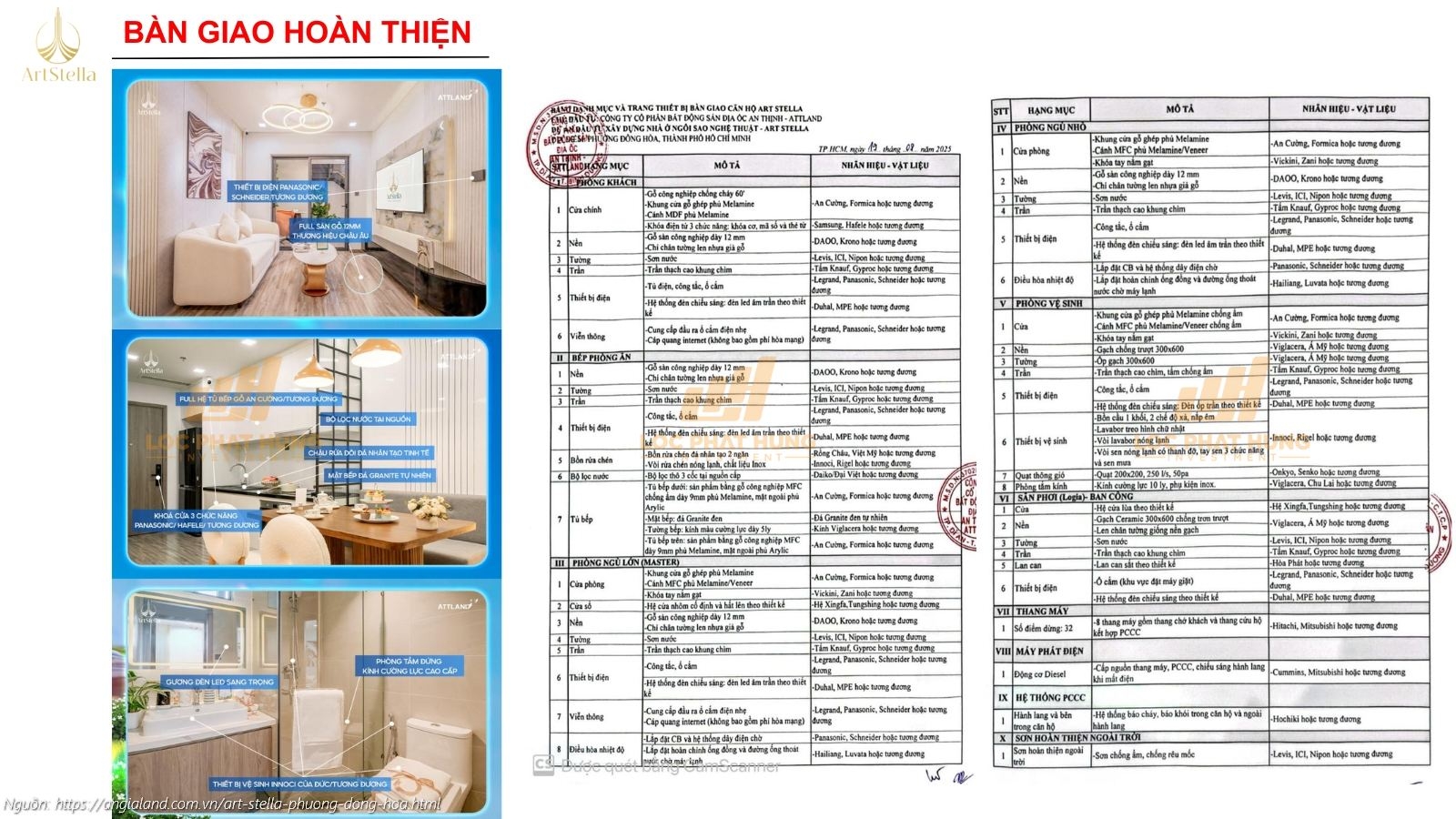 Danh mục vật liệu bàn giao hoàn thiện cao cấp dự án căn hộ Art Stella (Hafele, An Cường, Innoci...)
