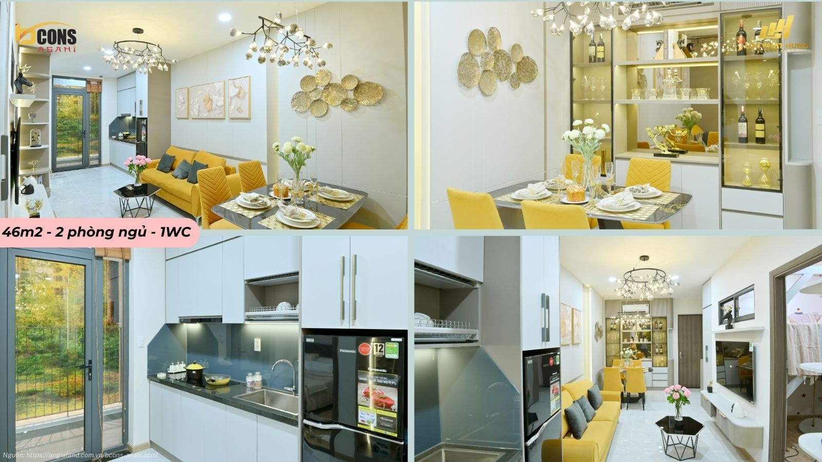 Nhà mẫu căn hộ 2 phòng ngủ 1 WC diện tích 46m2 dự án Bcons Asahi