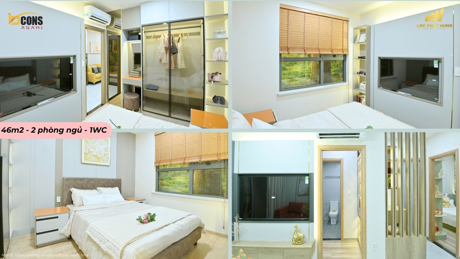 Nhà mẫu căn hộ 2 phòng ngủ 1 WC diện tích 46m2 dự án Bcons Asahi