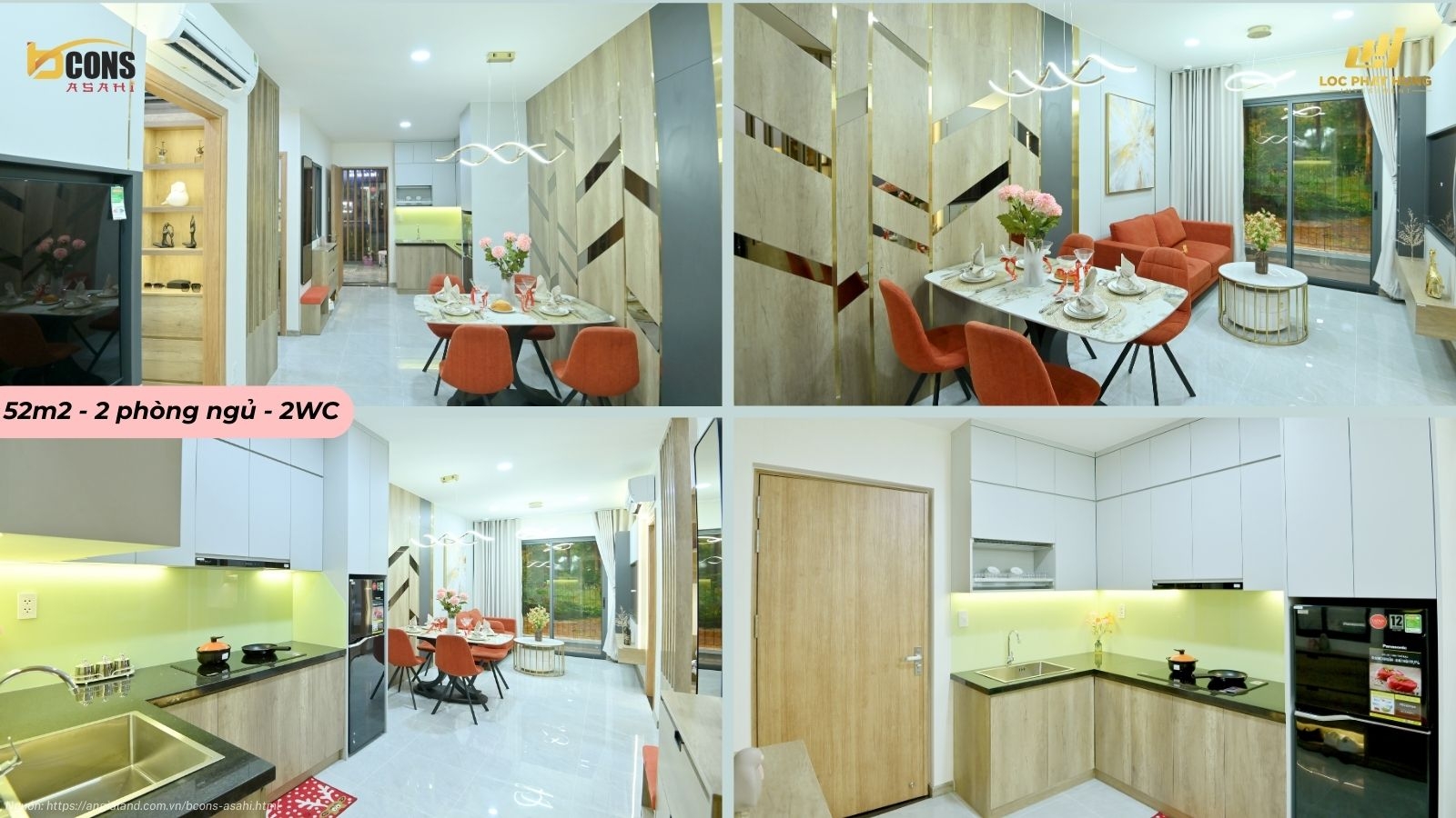 Nhà mẫu căn hộ 2 phòng ngủ 2 WC diện tích 52m2 dự án Bcons Asahi