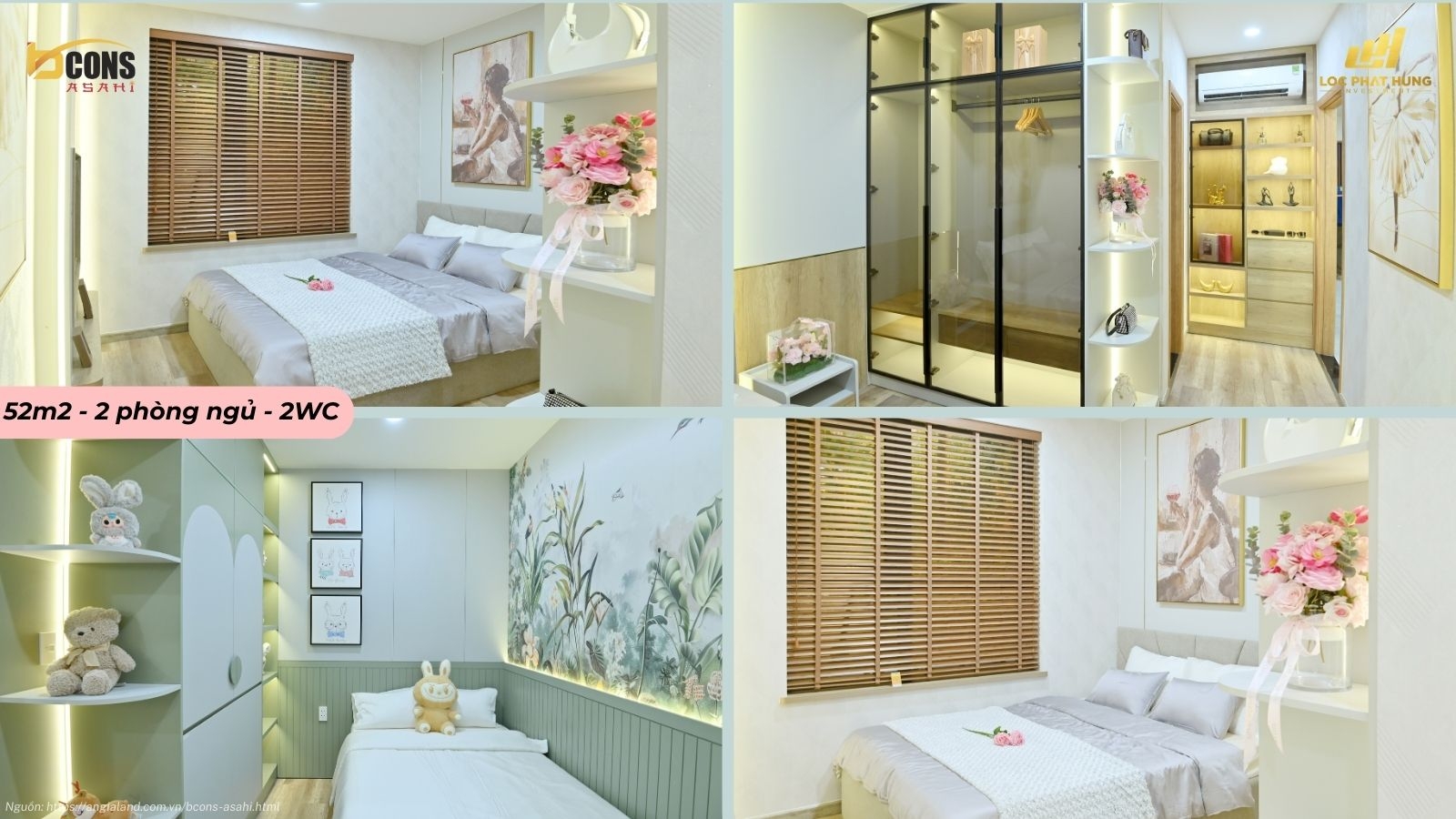 Nhà mẫu căn hộ 2 phòng ngủ 2 WC diện tích 52m2 dự án Bcons Asahi