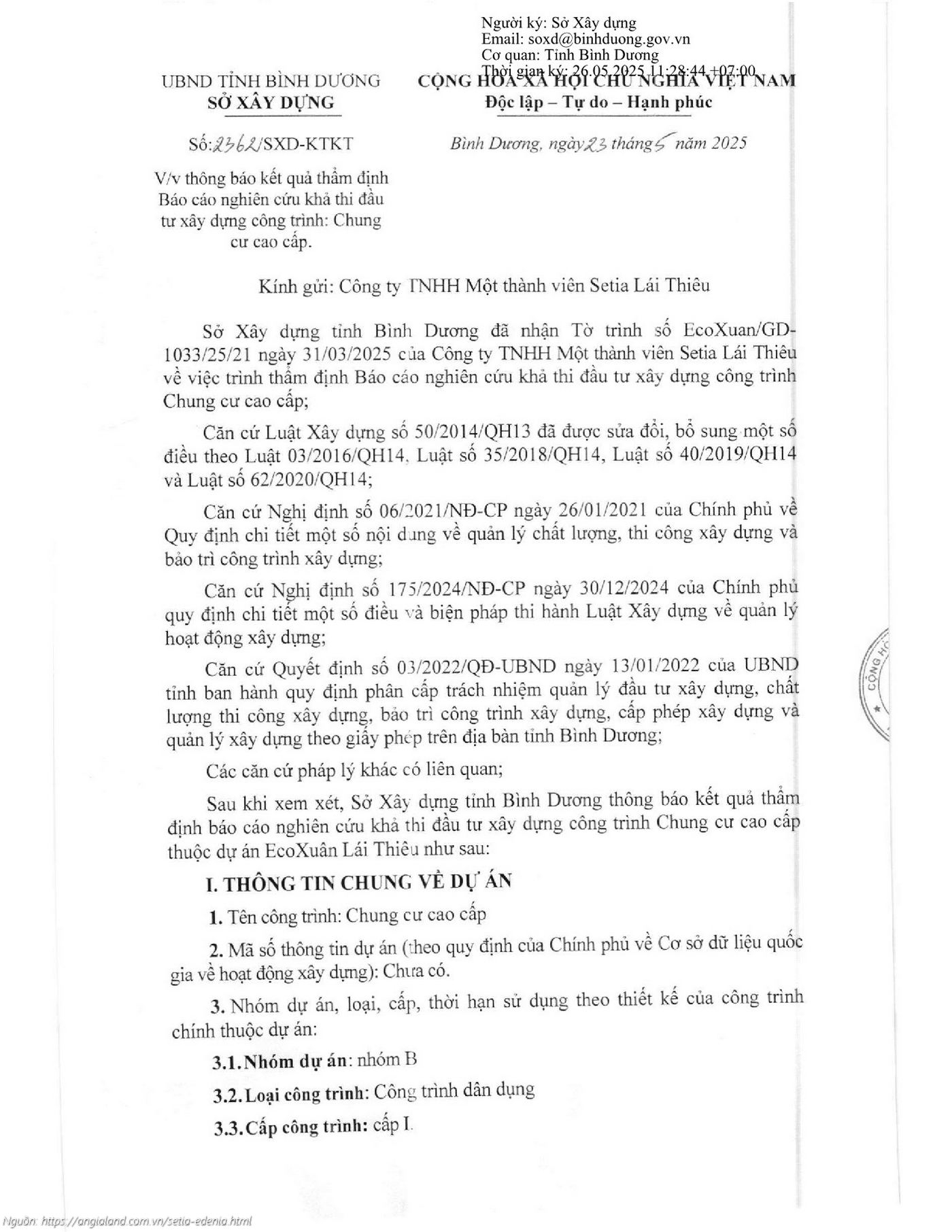 Báo cáo kết quả thẩm định Báo cáo nghiên cứu khả thi dự án Setia Edenia