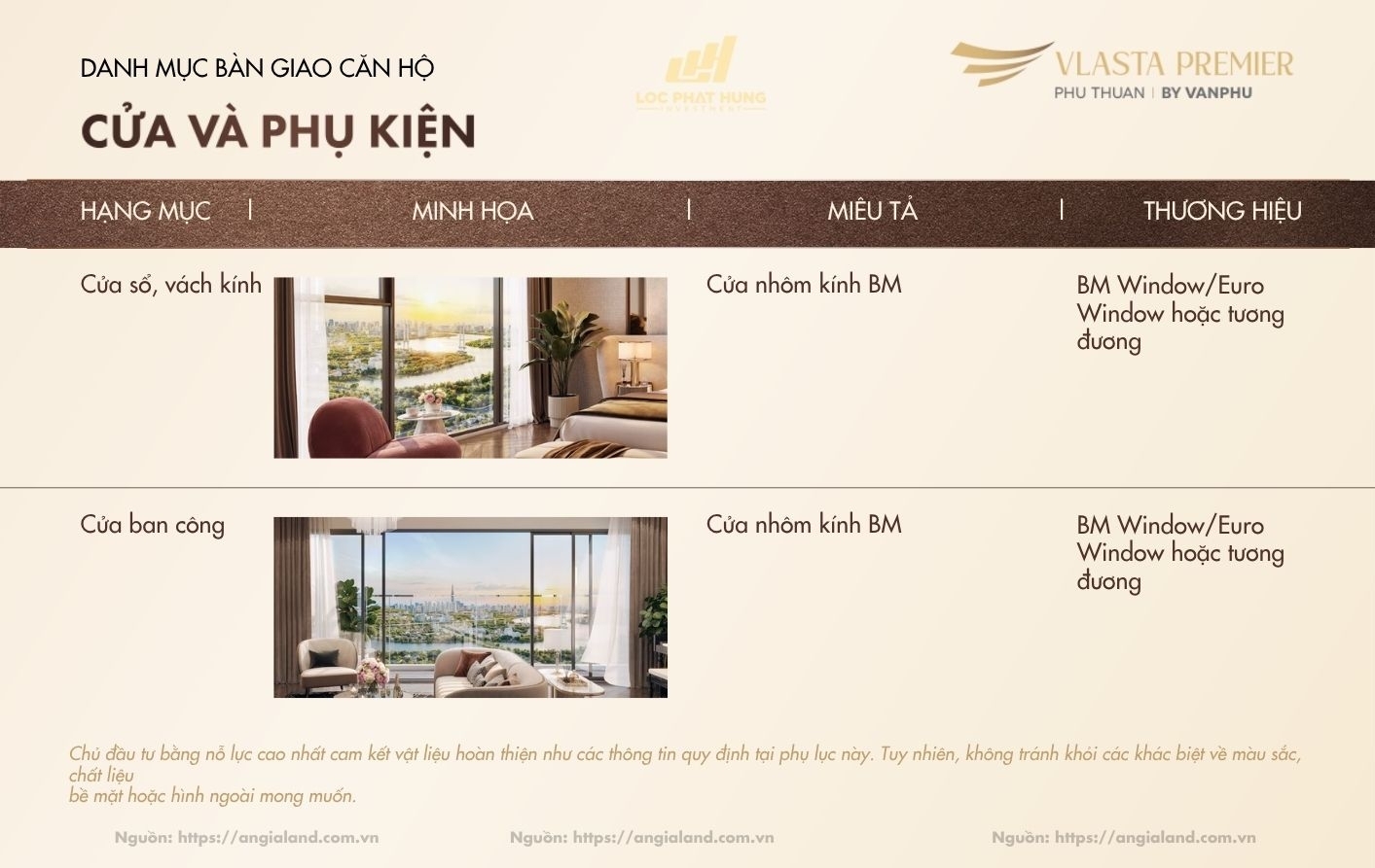 Chi tiết danh mục vật liệu và thiết bị bàn giao hạng sang dự án Vlasta Premier