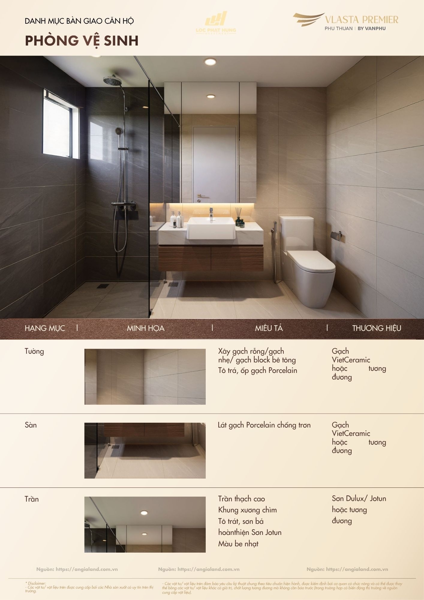 Chi tiết danh mục vật liệu và thiết bị bàn giao hạng sang dự án Vlasta Premier