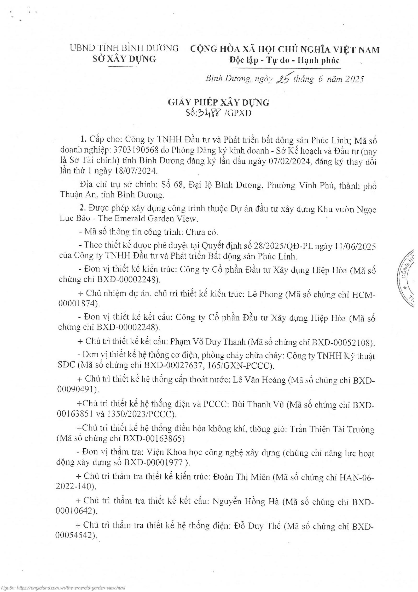 Giấy phép xây dựng số 3488/GPXD dự án The Emerald Garden View.