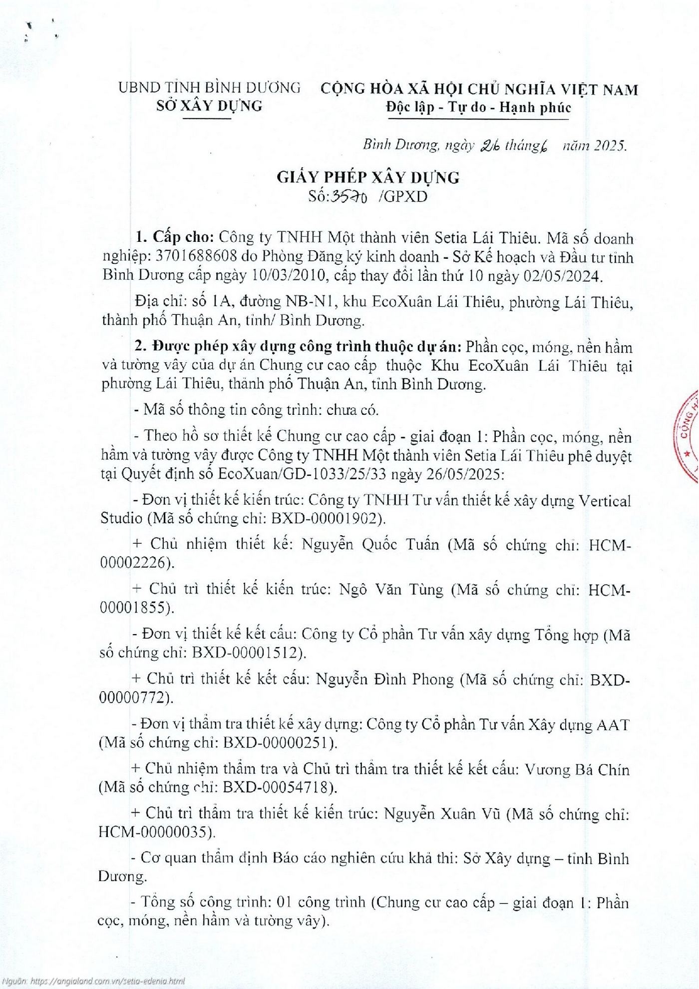 Giấy phép xây dựng (GPXD) dự án chung cư cao cấp Setia Edenia