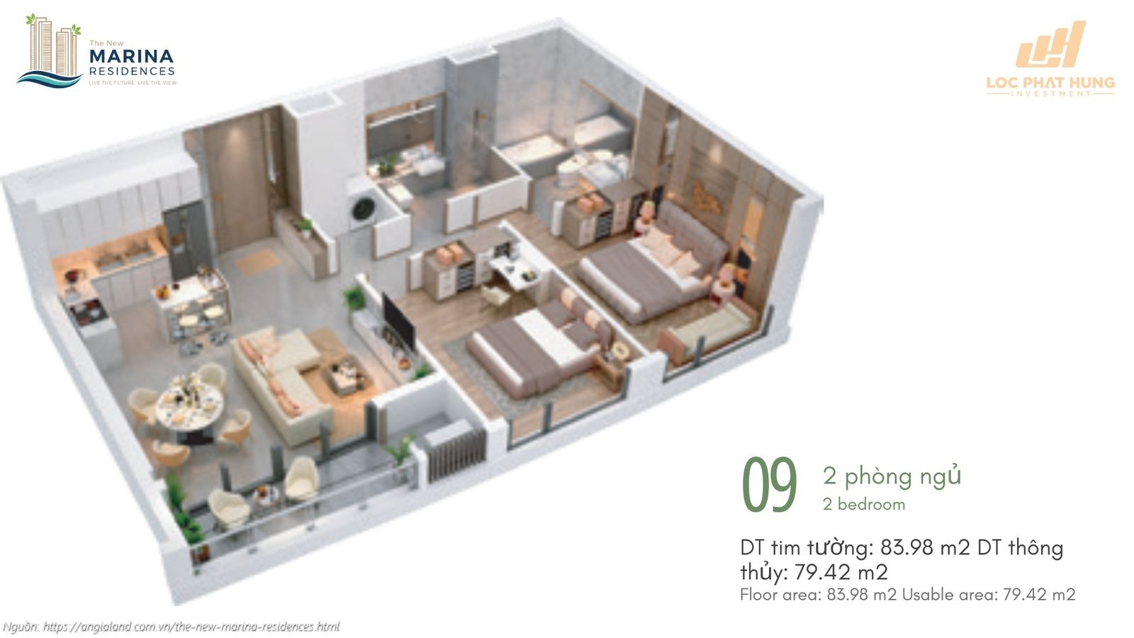 Layout chi tiết căn hộ 2PN diện tích tim tường 83.98m2 dự án The New Marina Residences