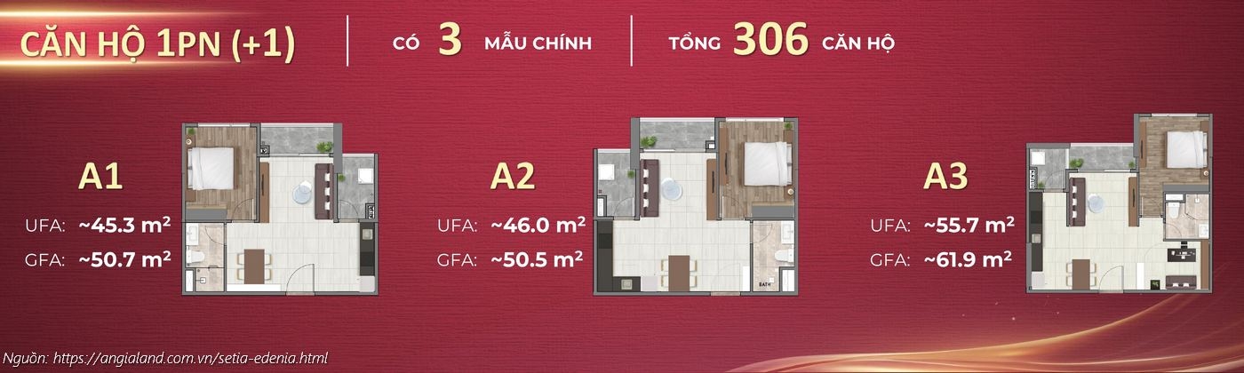 Mặt bằng căn hộ 1PN & 1PN+1 (1 phòng ngủ) dự án Setia Edenia (Loại A1: ~50.7m², A2: ~50.5m², A3: ~61.9m²)