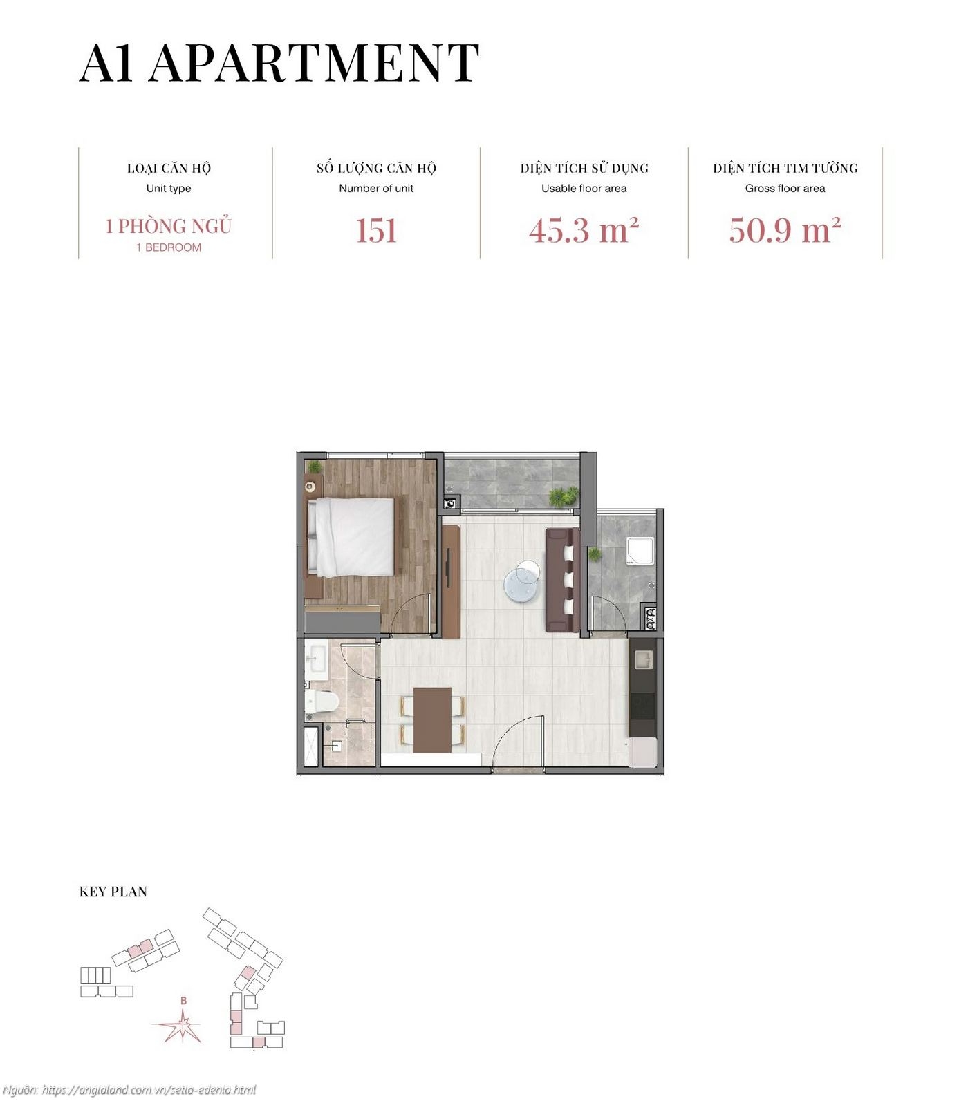 Mặt bằng căn hộ 1 phòng ngủ loại A1, diện tích 50.9m² (tim tường) - dự án Setia Edenia Lái Thiêu