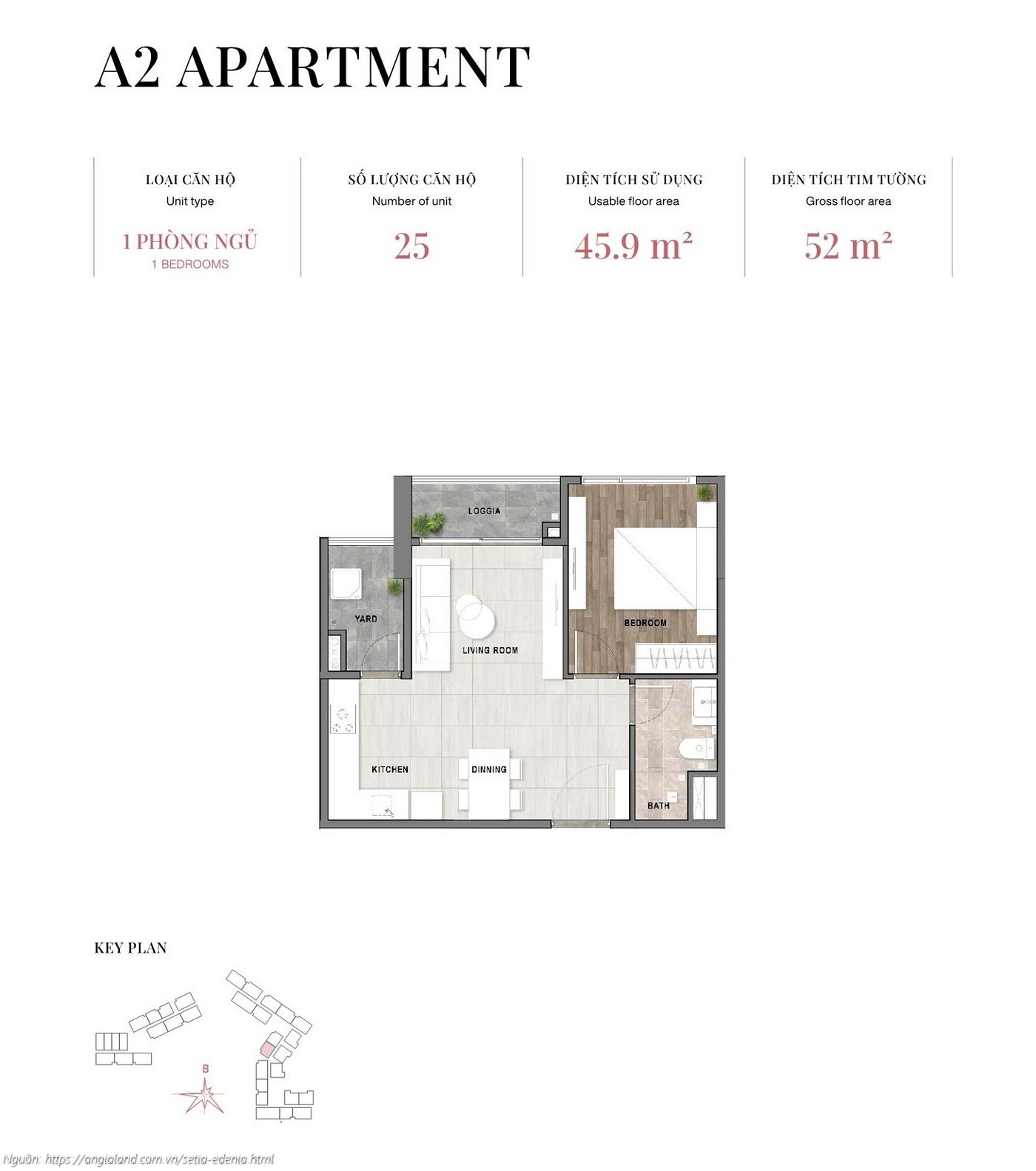 Mặt bằng căn hộ 1 phòng ngủ loại A2, diện tích 52m² (tim tường) - dự án Setia Edenia Lái Thiêu