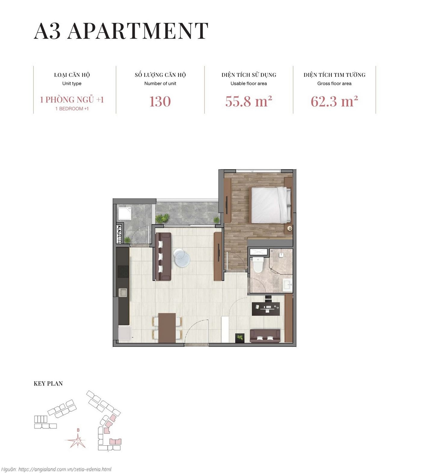 Mặt bằng căn hộ 1 phòng ngủ +1 loại A3, diện tích 62.3m² (tim tường) - dự án Setia Edenia Lái Thiêu