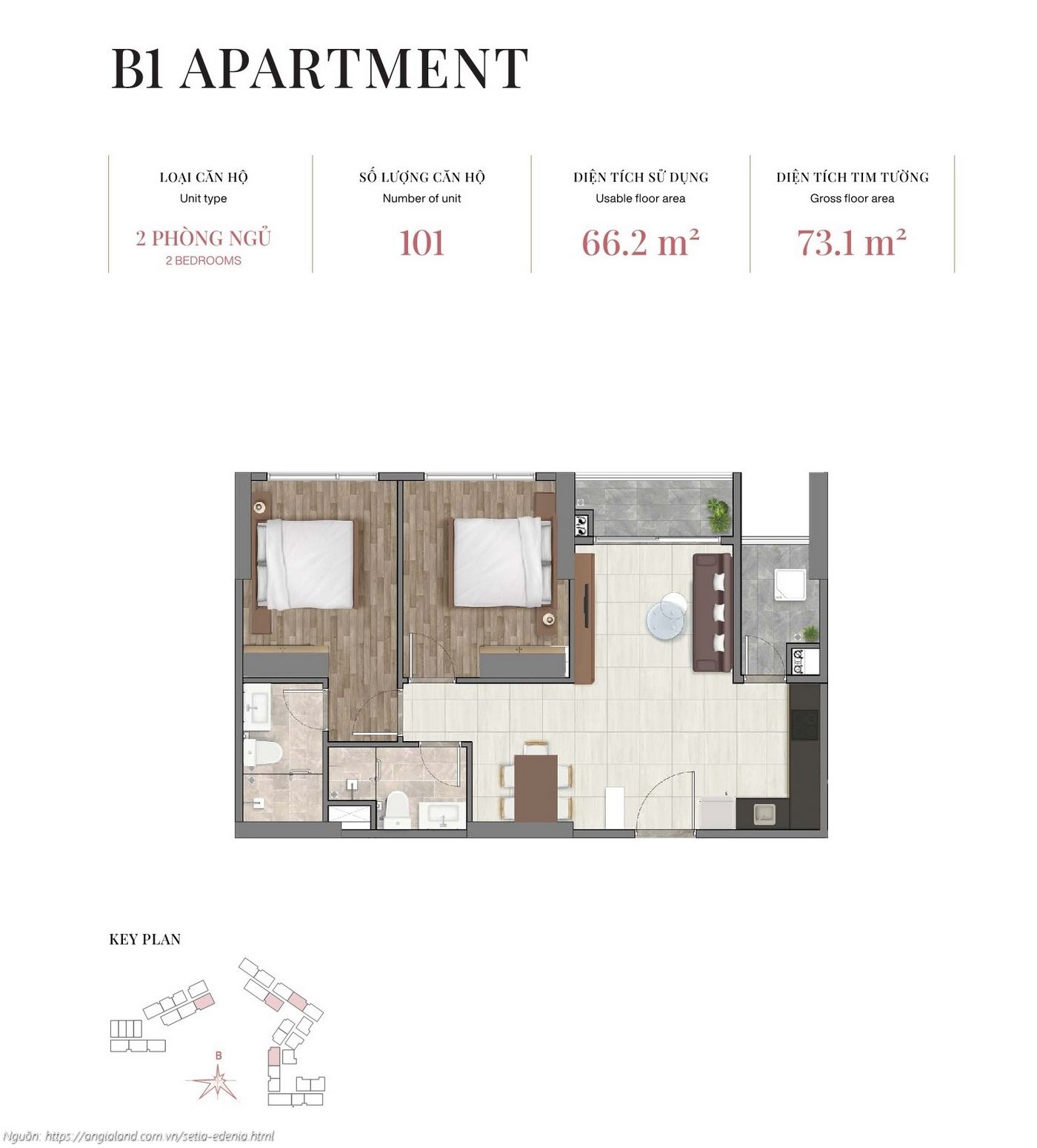 Mặt bằng căn hộ 2 phòng ngủ loại B1, diện tích 73.1m² (tim tường) - dự án Setia Edenia Lái Thiêu