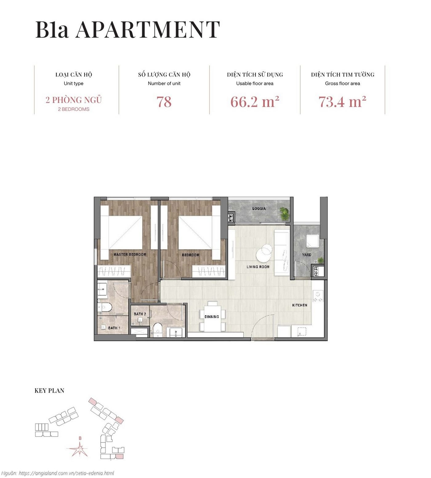 Mặt bằng căn hộ 2 phòng ngủ loại B1a, diện tích 73.4m² (tim tường) - dự án Setia Edenia Lái Thiêu