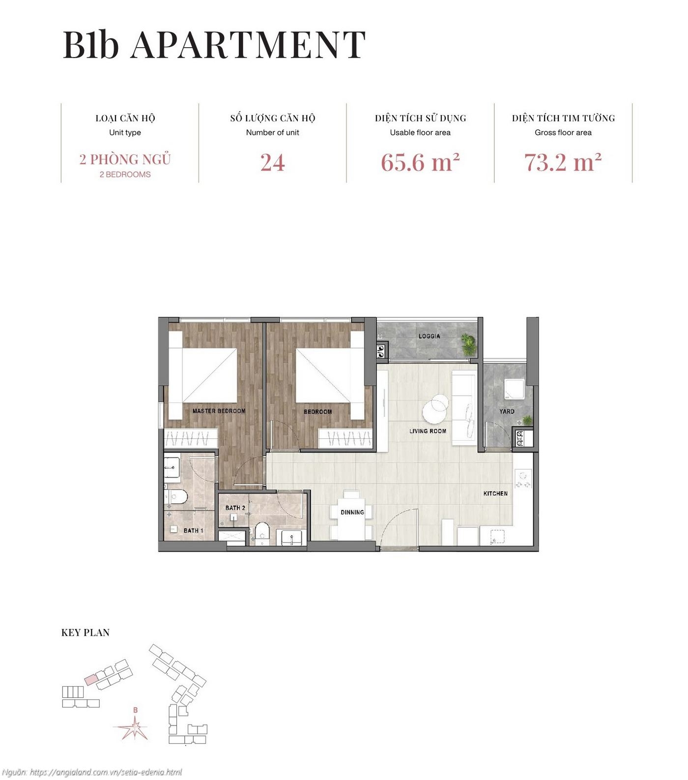 Mặt bằng căn hộ 2 phòng ngủ loại B1b, diện tích 73.2m² (tim tường) - dự án Setia Edenia Lái Thiêu