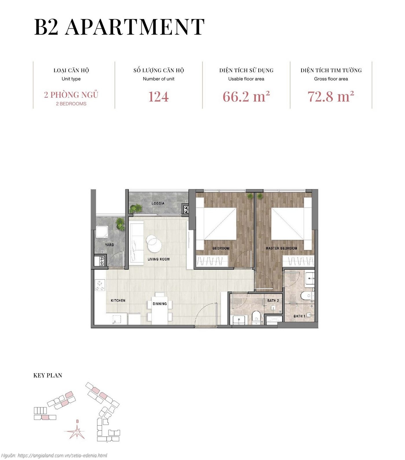 Mặt bằng căn hộ 2 phòng ngủ loại B2, diện tích 72.8m² (tim tường) - dự án Setia Edenia Lái Thiêu