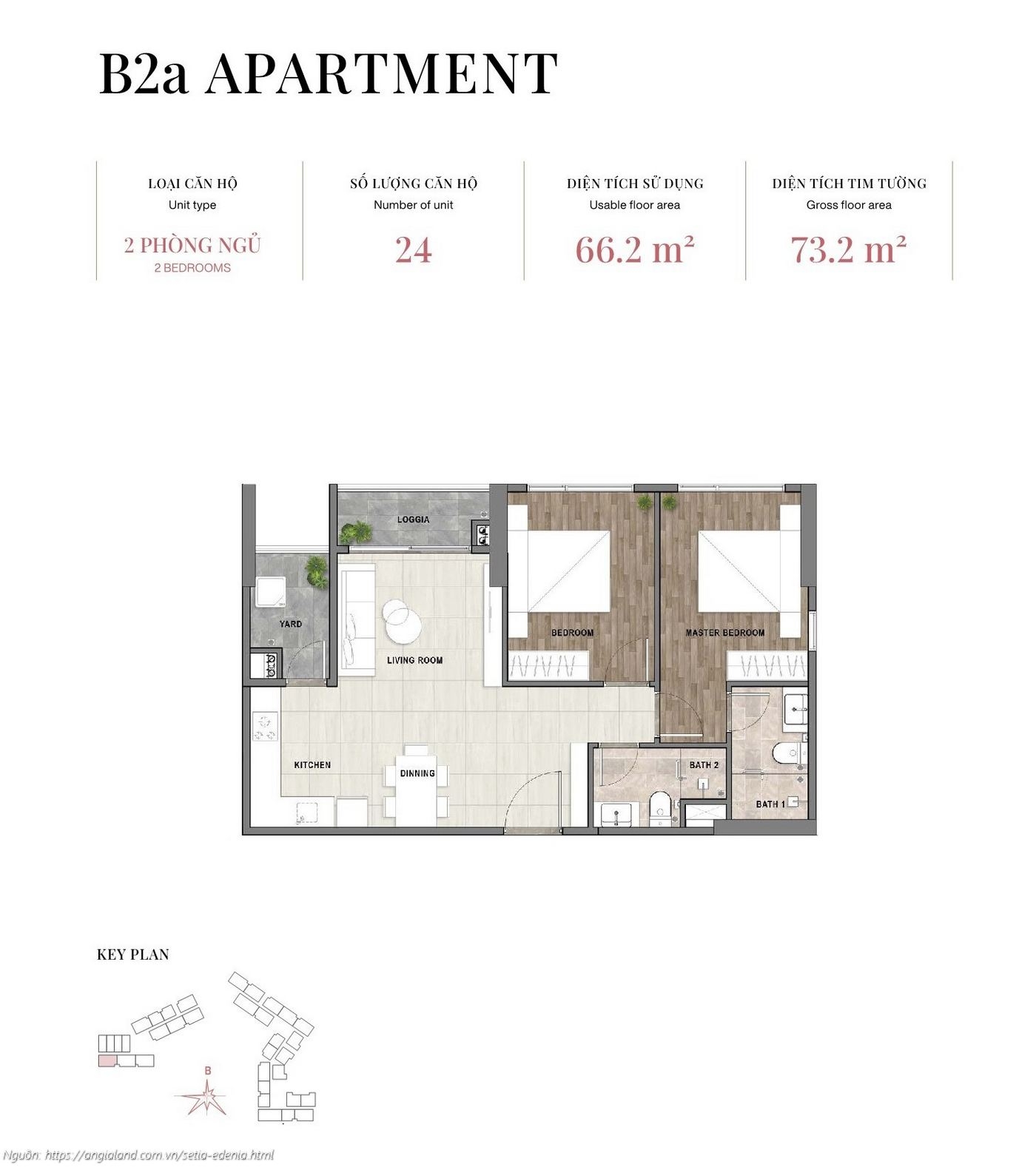 Mặt bằng căn hộ 2 phòng ngủ loại B2a, diện tích 73.2m² (tim tường) - dự án Setia Edenia Lái Thiêu