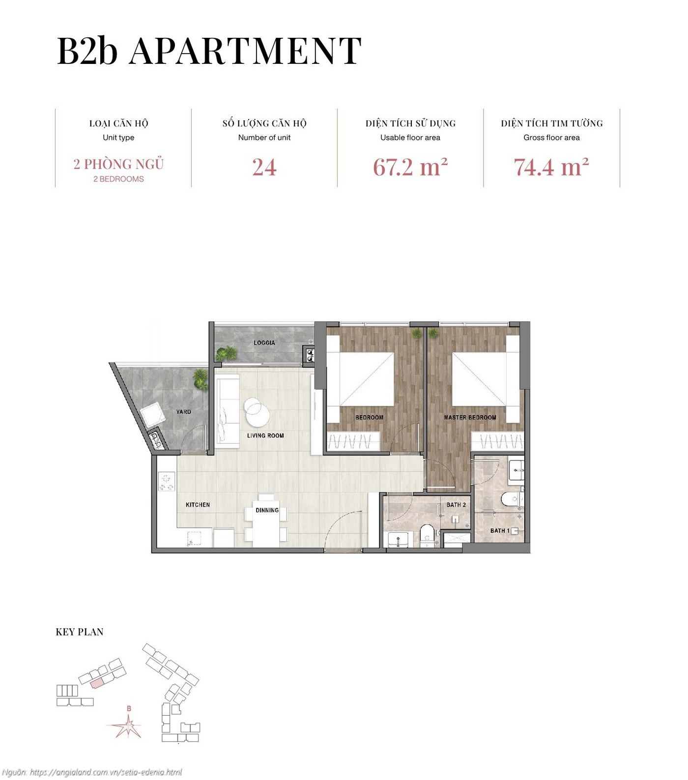 Mặt bằng căn hộ 2 phòng ngủ loại B2b, diện tích 74.4m² (tim tường) - dự án Setia Edenia Lái Thiêu