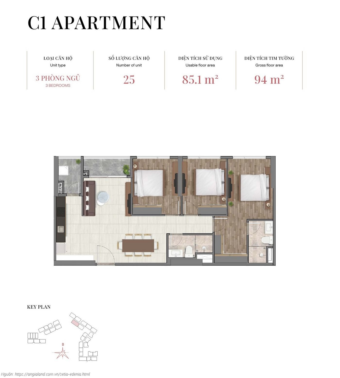 Mặt bằng căn hộ 3 phòng ngủ loại C1, diện tích 94m² (tim tường) - dự án Setia Edenia Lái Thiêu