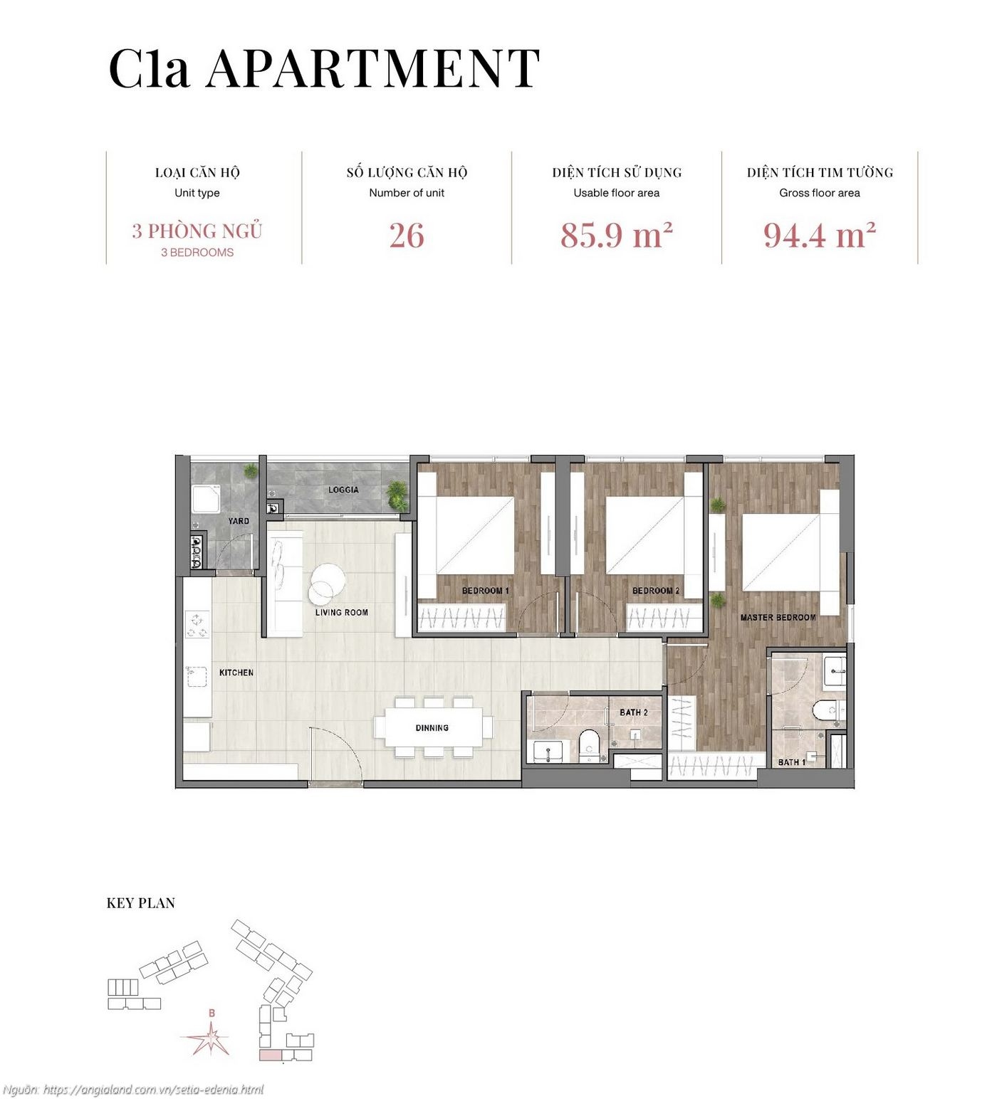 Mặt bằng căn hộ 3 phòng ngủ loại C1a, diện tích 94.4m² (tim tường) - dự án Setia Edenia Lái Thiêu