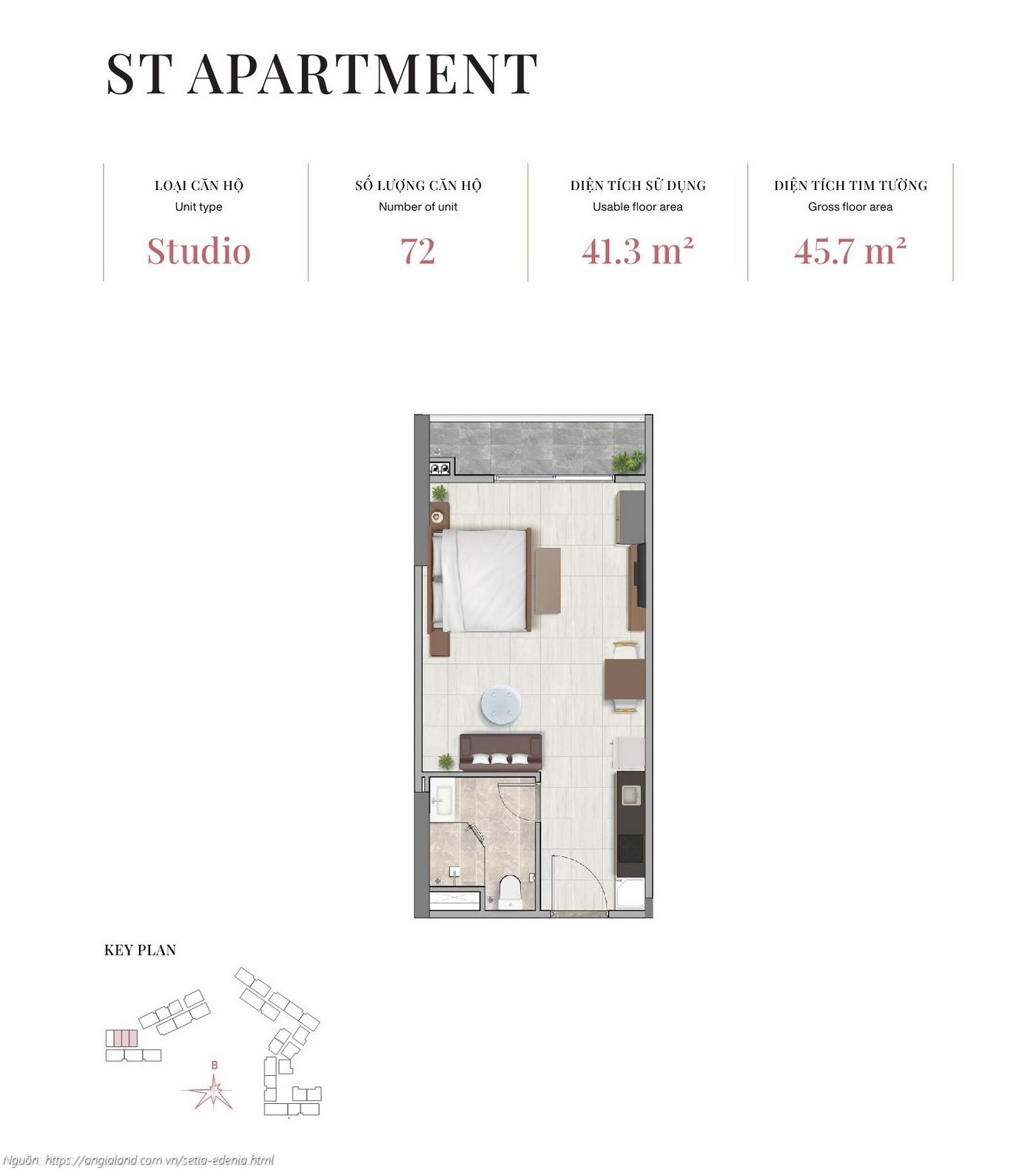Mặt bằng căn hộ Studio loại ST, diện tích 45.7m² (tim tường) - dự án Setia Edenia Lái Thiêu