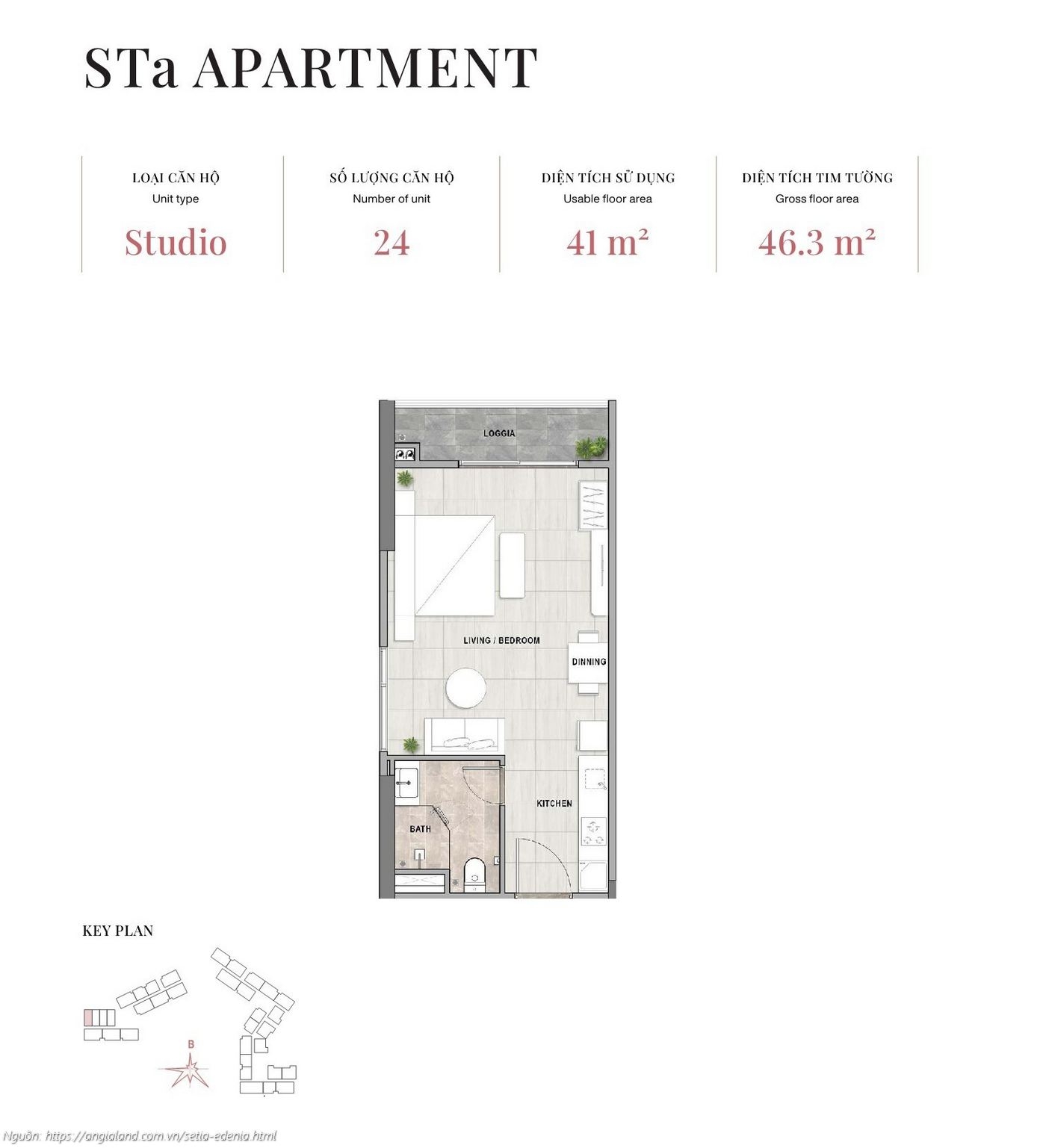 Mặt bằng căn hộ Studio loại STa, diện tích 46.3m² (tim tường) - dự án Setia Edenia Lái Thiêu
