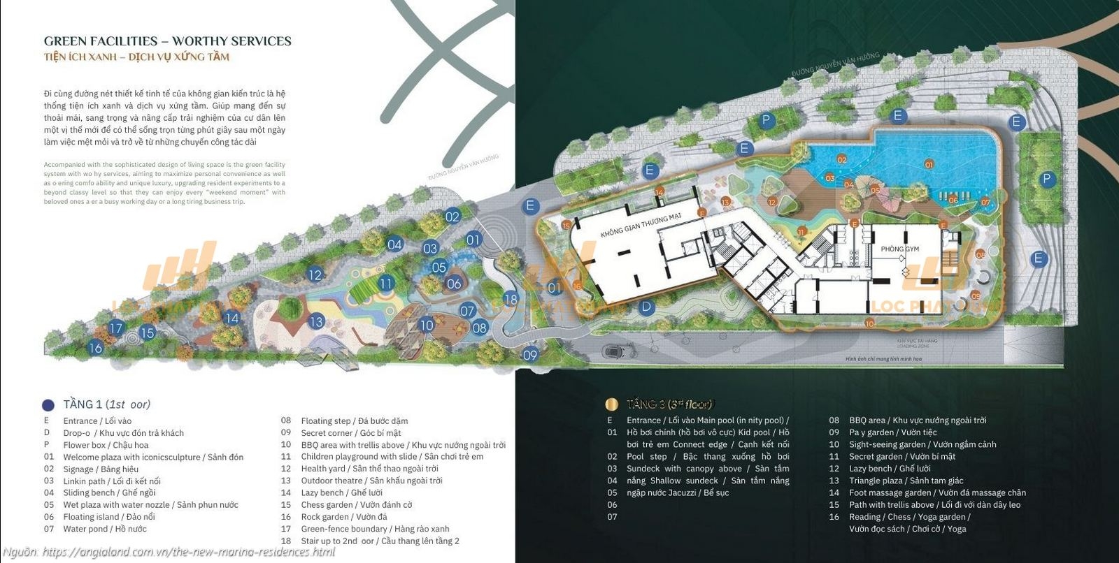 Mặt bằng khối đế thương mại (tầng 1 & 3) gồm sảnh, shophouse và khu sinh hoạt cộng đồng tại The New Marina Residences