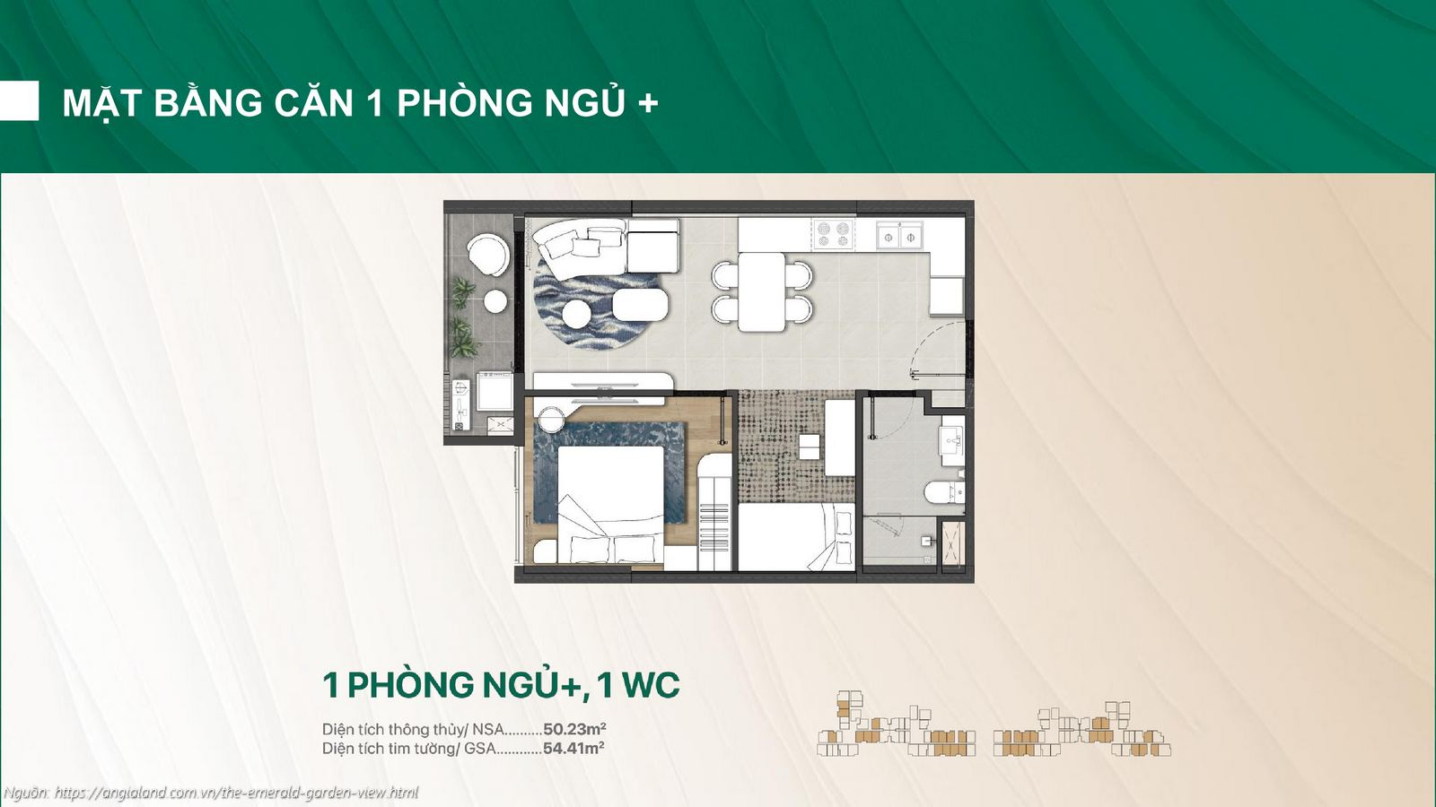 Mặt bằng thiết kế căn hộ 1 phòng ngủ + (1PN+) 1WC dự án The Emerald Garden View (Diện tích tim tường 54.41m²)