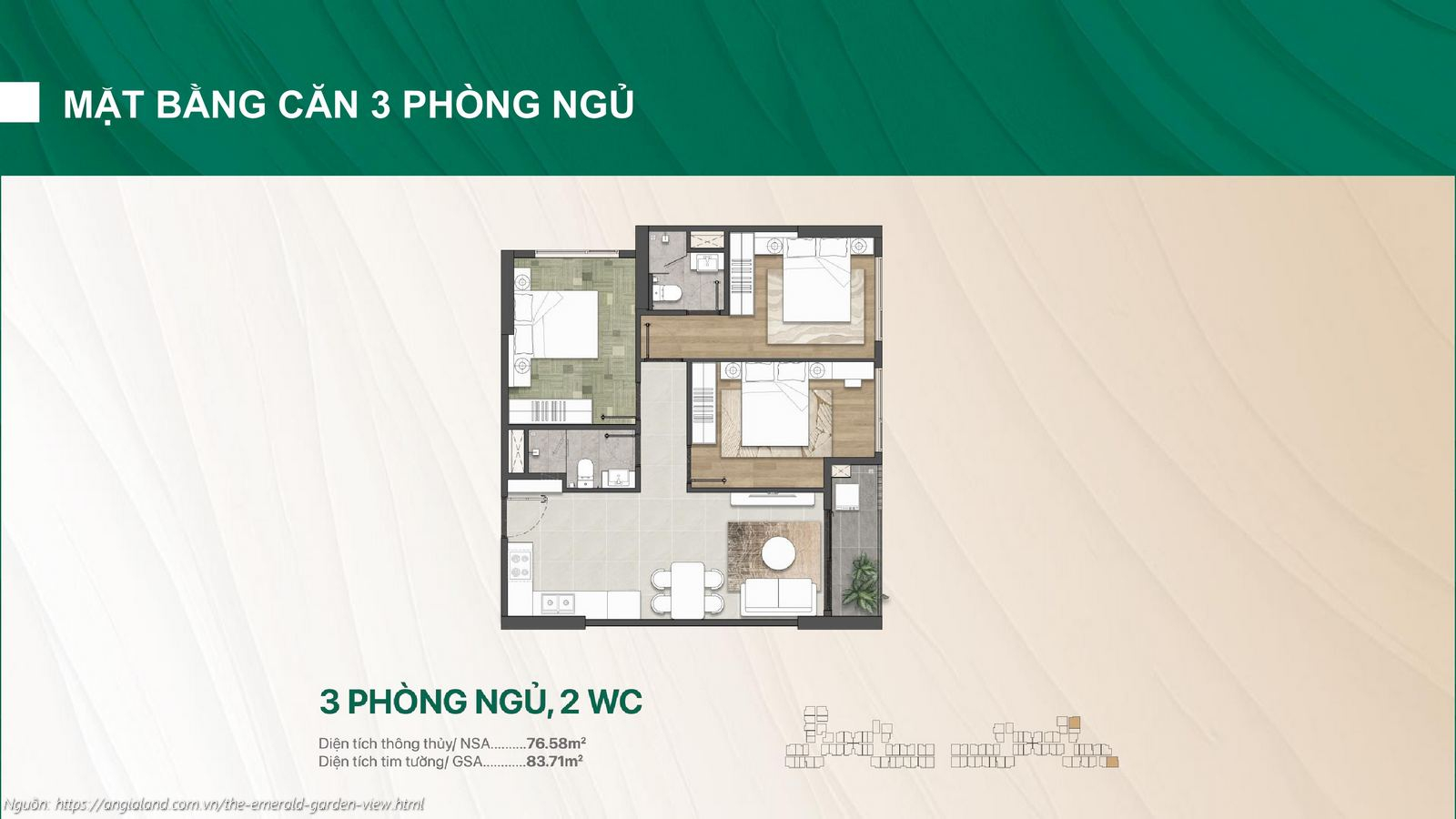 Mặt bằng thiết kế căn hộ 3 phòng ngủ (3PN) 2WC dự án The Emerald Garden View (Diện tích tim tường 83.71m²)