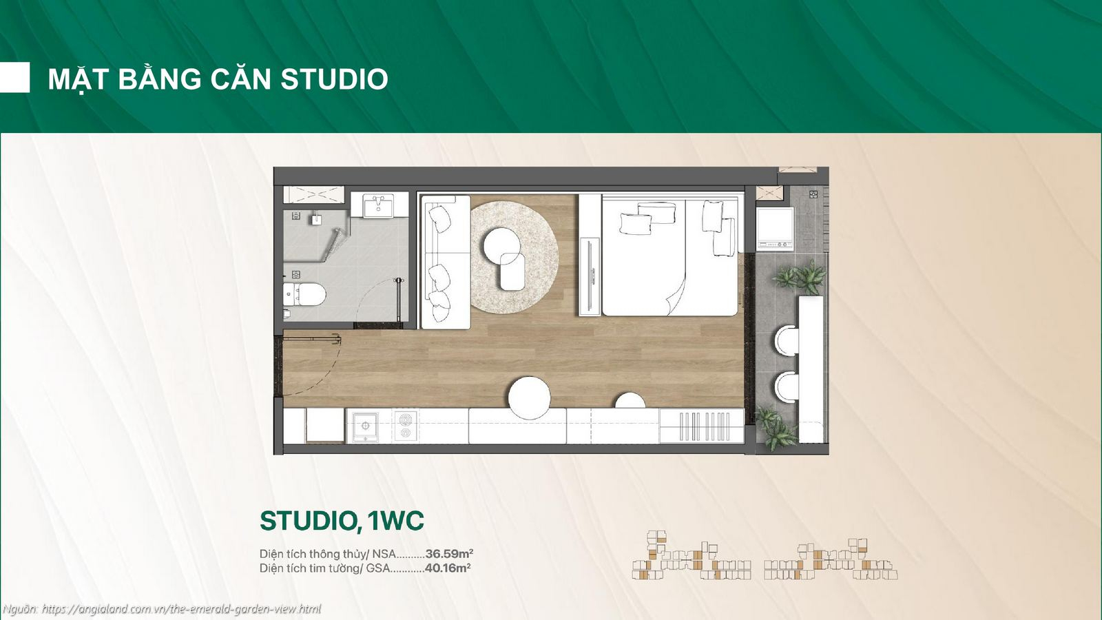 Mặt bằng thiết kế căn hộ Studio 1WC dự án The Emerald Garden View (Diện tích tim tường 40.16m²)
