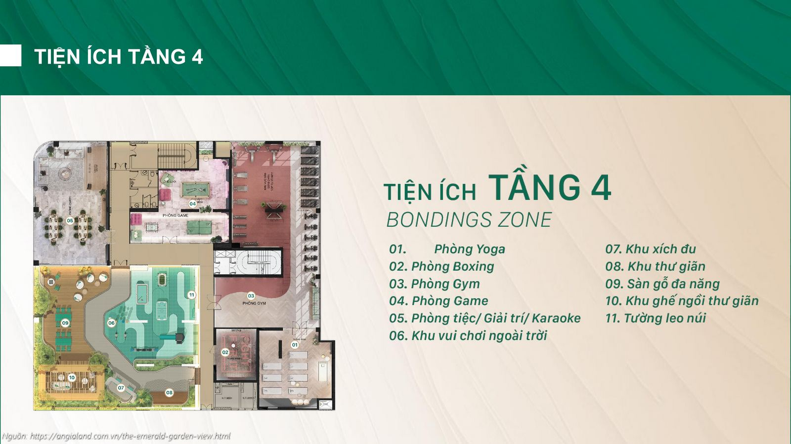 Mặt bằng tiện ích tầng 4 Bondings Zone dự án The Emerald Garden View: Phòng Gym, Yoga, Boxing, Karaoke và Tường leo núi