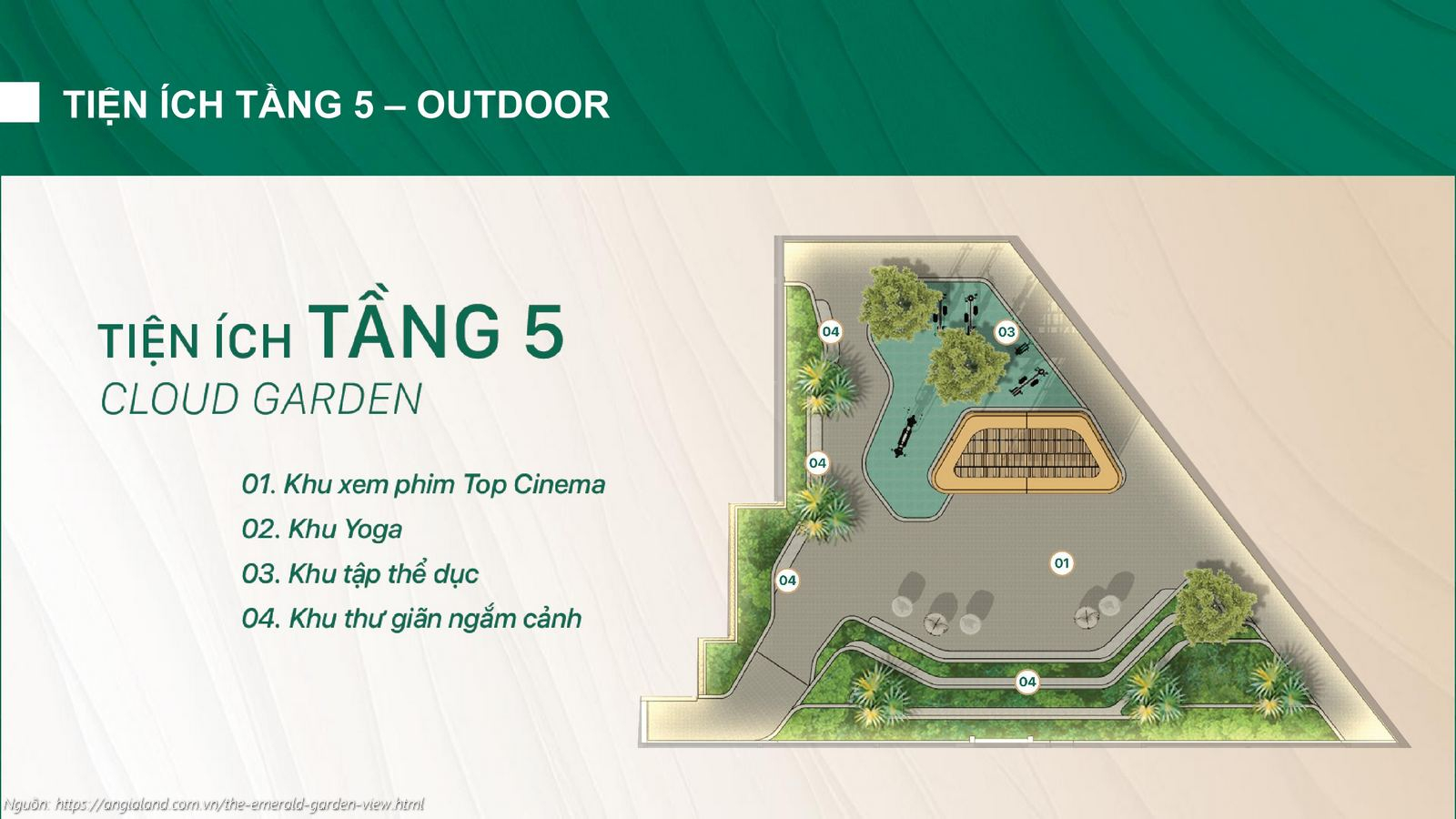 Mặt bằng tiện ích tầng 5 Cloud Garden The Emerald Garden View: Rạp chiếu phim Top Cinema, Sân tập Yoga và Khu thư giãn ngắm cảnh