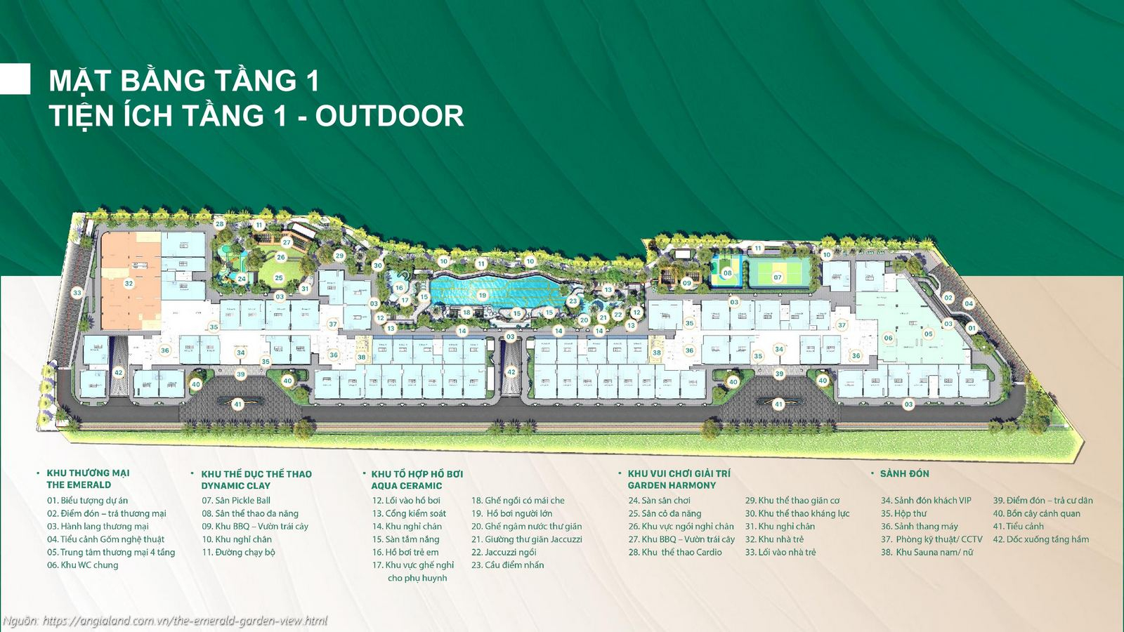 Mặt bằng tổng thể tiện ích tầng 1 The Emerald Garden View: Hồ bơi Aqua Ceramic, Sân Pickleball, Khu BBQ và Shophouse thương mại