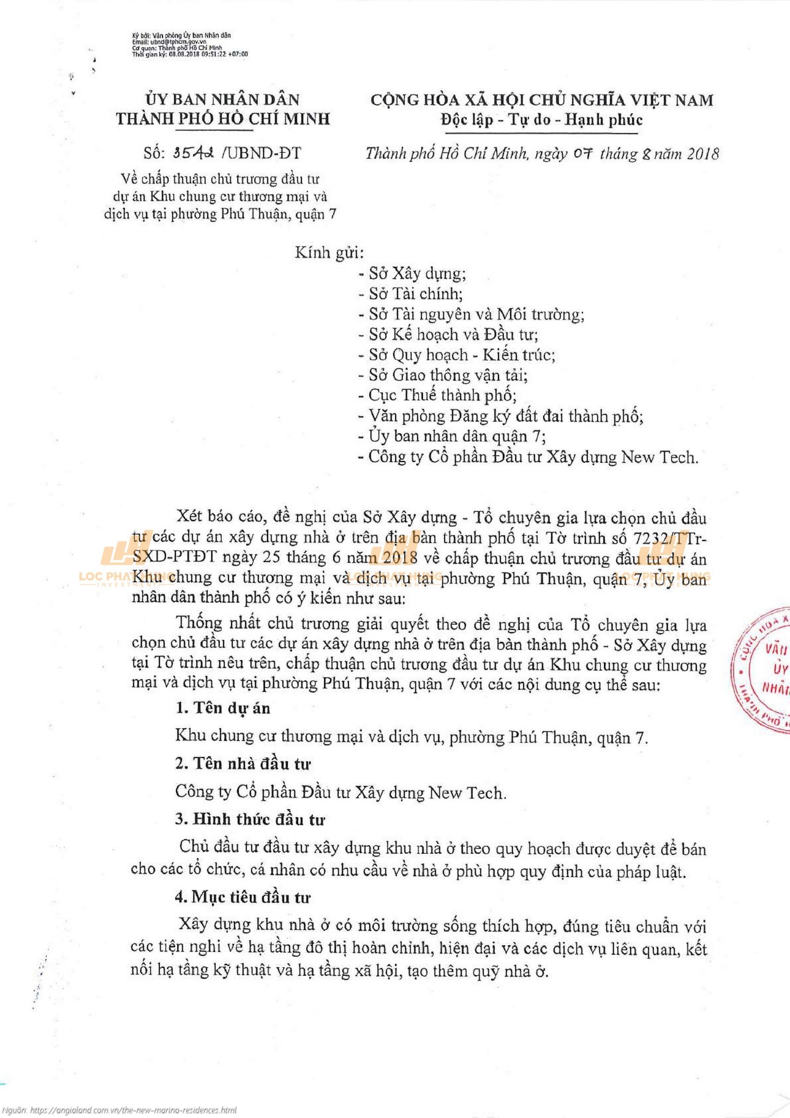 Văn bản Chấp thuận chủ trương đầu tư dự án The New Marina Residences Quận 7