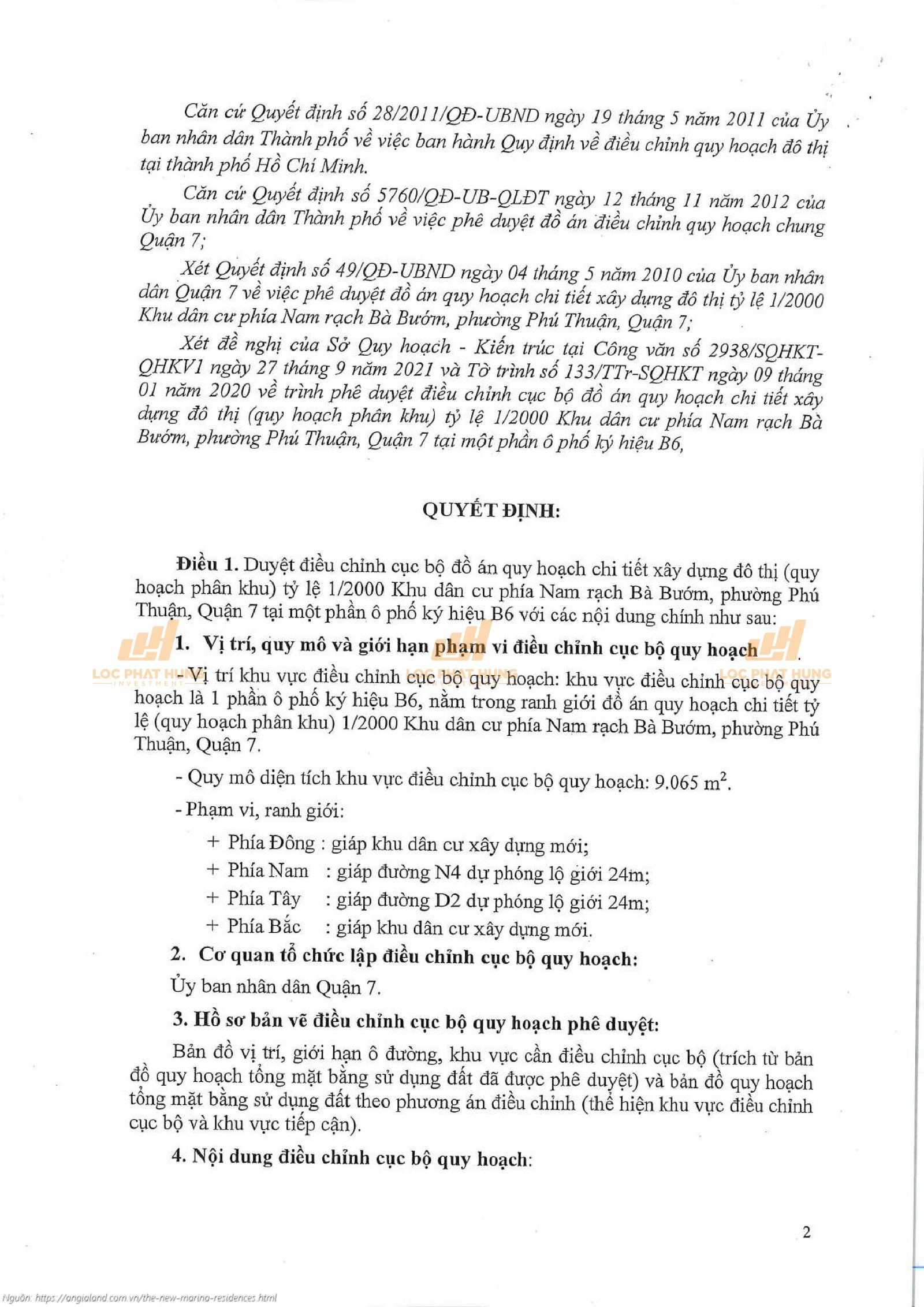 Quyết định phê duyệt điều chỉnh quy hoạch chi tiết 1/2000 dự án The New Marina Residences Quận 7