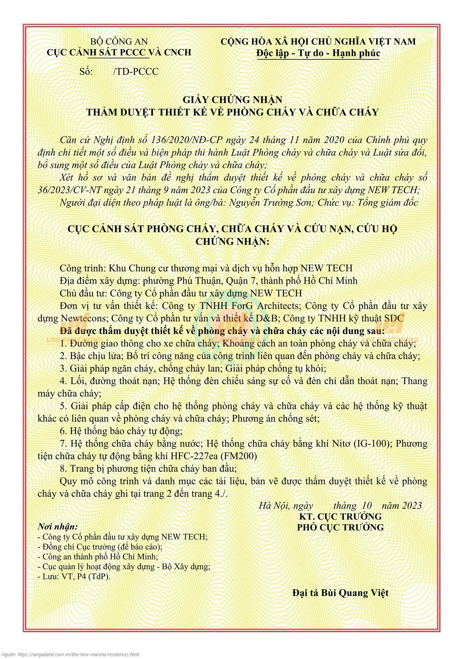 Văn bản thẩm duyệt thiết kế về PCCC (Phòng cháy chữa cháy) dự án The New Marina Residences Quận 7