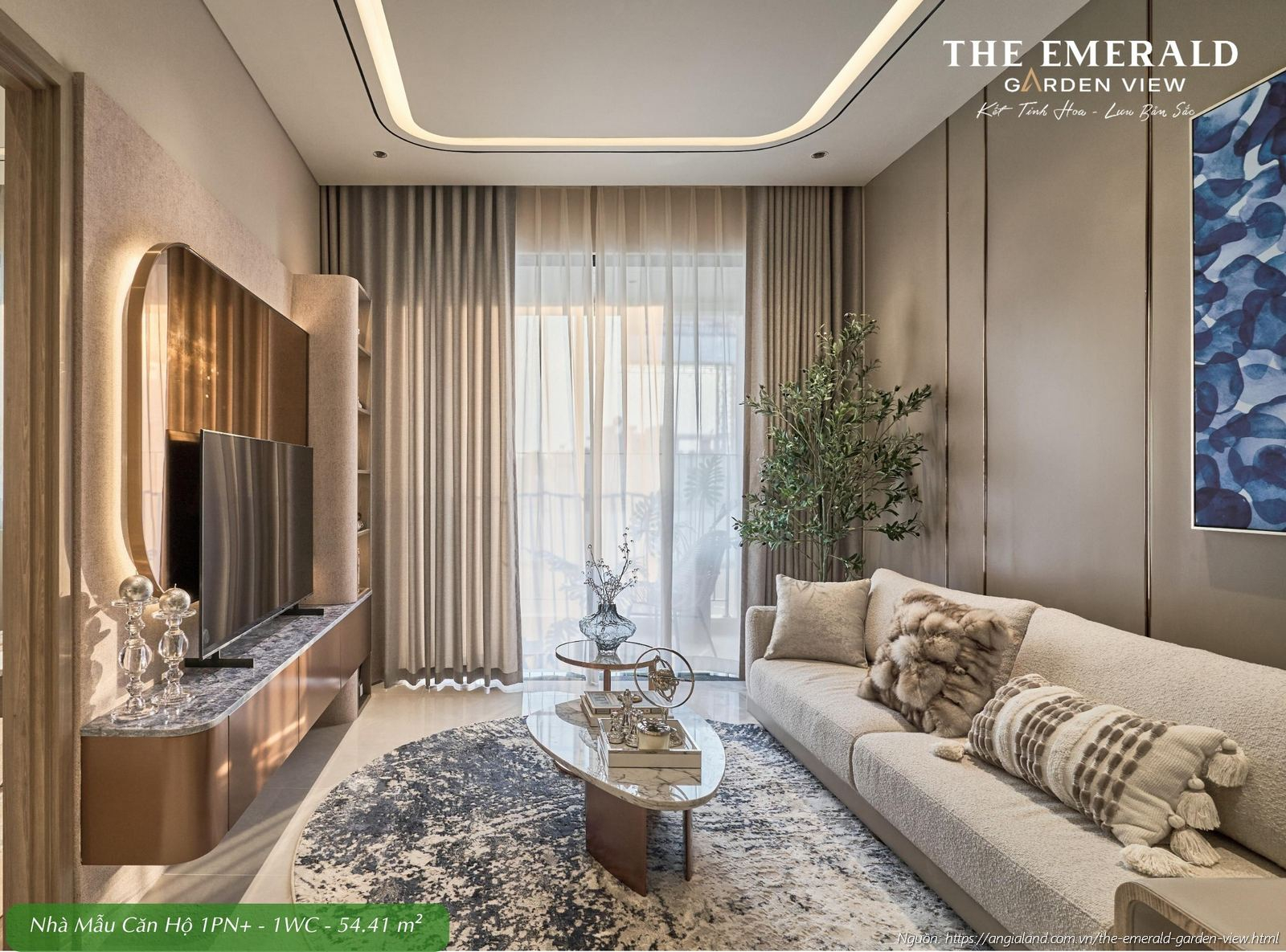 Nội thất phòng khách sang trọng tại nhà mẫu căn hộ 1 phòng ngủ cộng diện tích 54.41m2 The Emerald Garden View