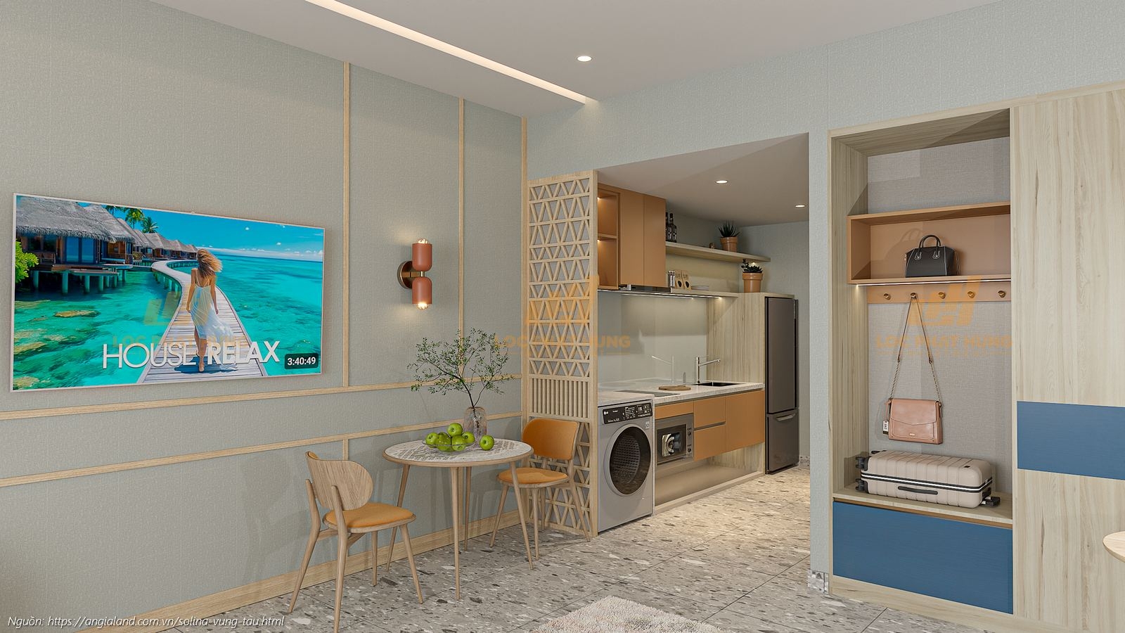 Hình ảnh phòng khách nhà mẫu căn hộ studio Solina Vũng Tàu diện tích 44.54m² (thiết kế 1PN+). Hình ảnh phòng khách nhà mẫu căn hộ studio Solina Vũng Tàu diện tích 44.54m² (thiết kế 1PN+).