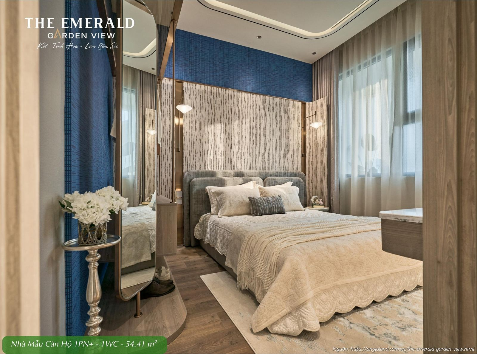 Phòng ngủ Master ấm cúng tại nhà mẫu căn hộ 1 phòng ngủ cộng diện tích 54.41m2 The Emerald Garden View