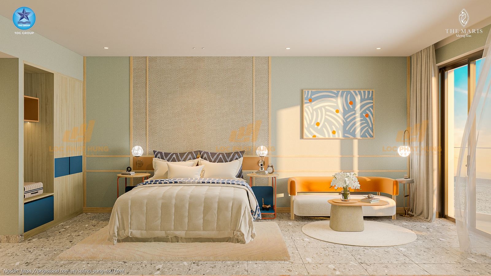 Không gian phòng ngủ master tại nhà mẫu căn hộ Solina Vũng Tàu loại studio 44.54m². Không gian phòng ngủ master tại nhà mẫu căn hộ Solina Vũng Tàu loại studio 44.54m².