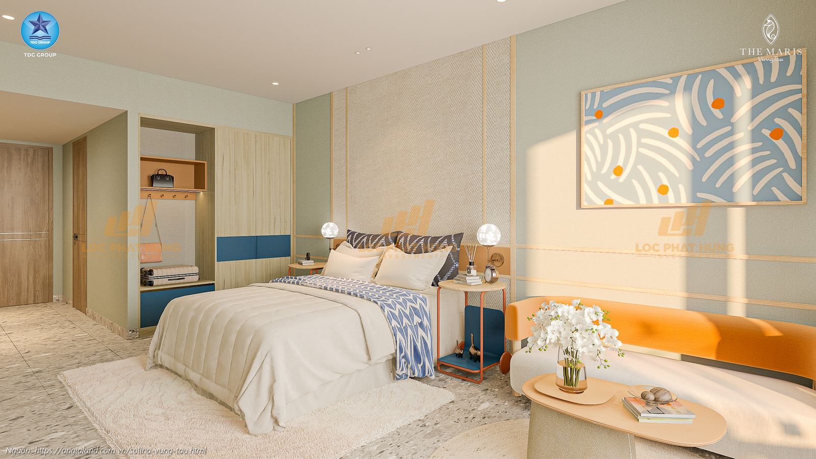 Không gian phòng ngủ master tại nhà mẫu căn hộ Solina Vũng Tàu loại studio 44.54m². Không gian phòng ngủ master tại nhà mẫu căn hộ Solina Vũng Tàu loại studio 44.54m².