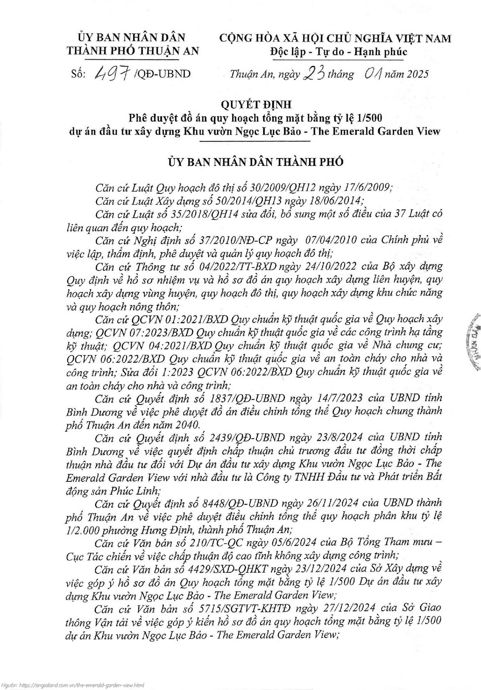 Quyết định 497/QĐ-UBND phê duyệt quy hoạch 1/500 dự án The Emerald Garden View