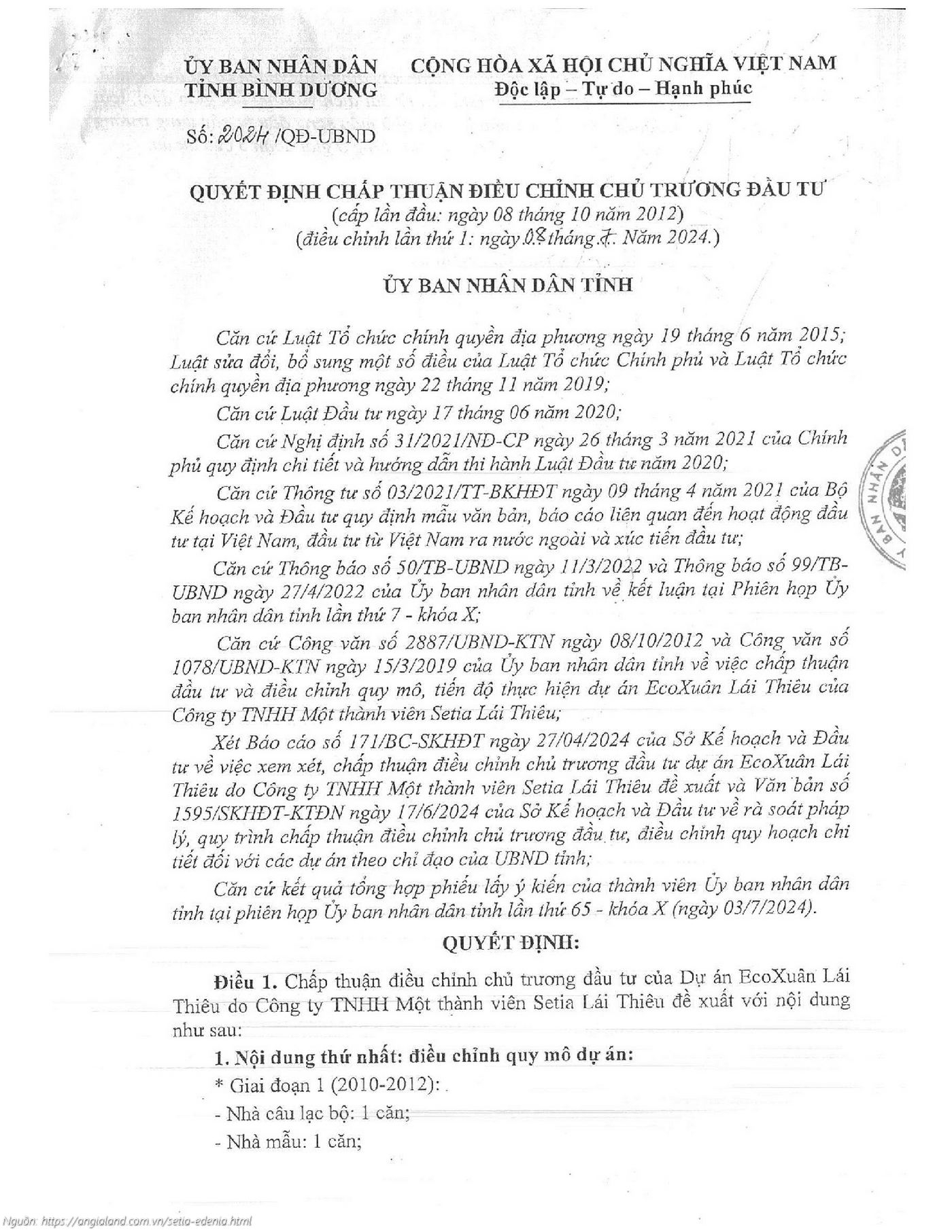 Quyết định chấp thuận điều chỉnh Chủ trương đầu tư dự án Setia Edenia