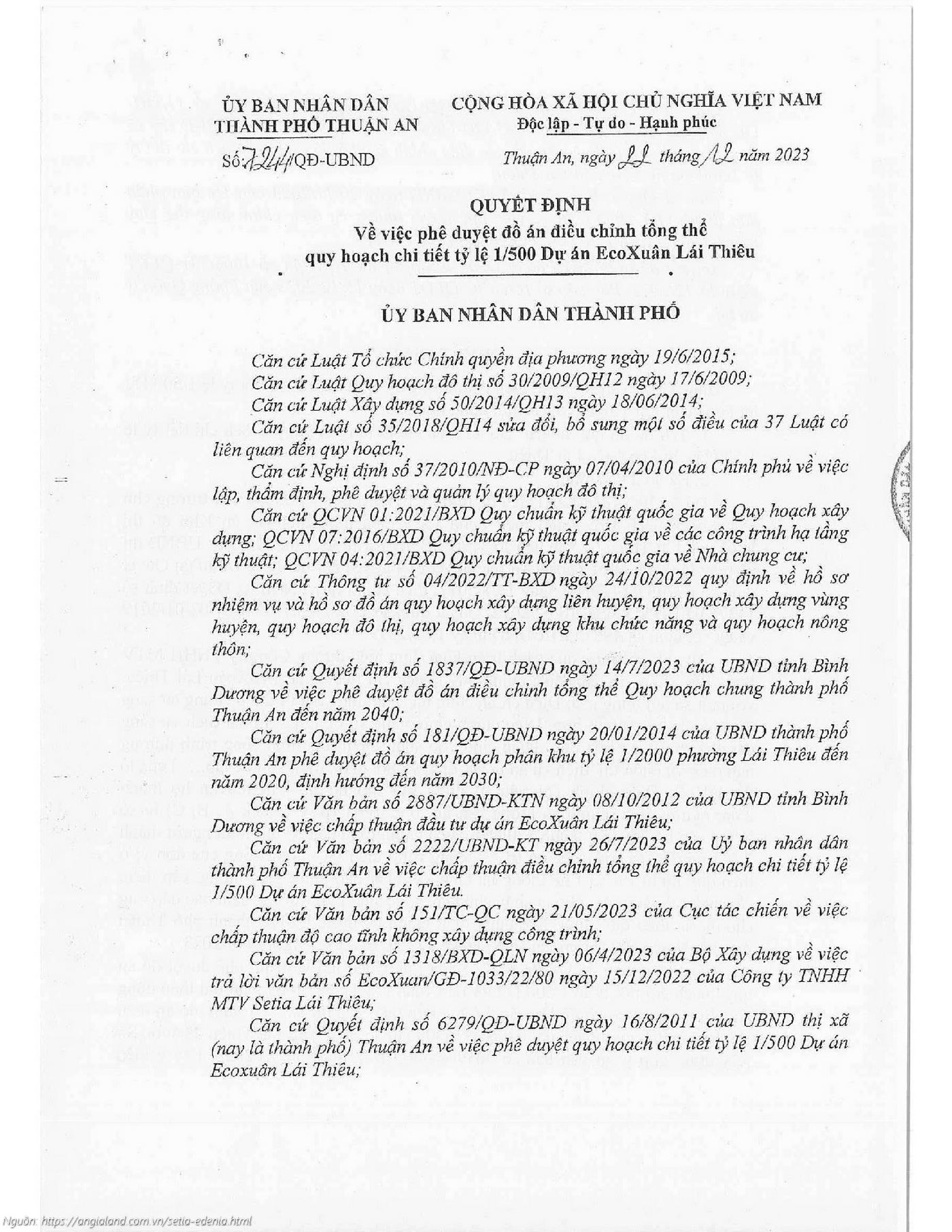 Quyết định phê duyệt đồ án điều chỉnh tổng thể Quy hoạch chi tiết 1/500 dự án Setia Edenia