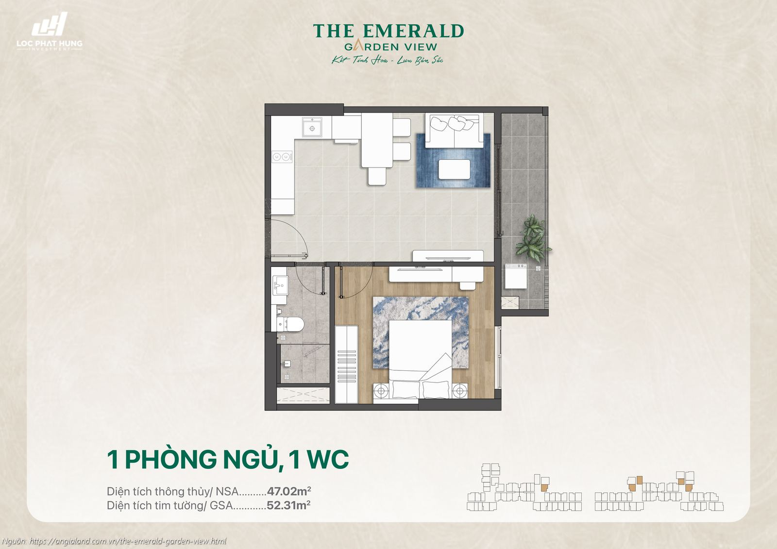 Thiết kế căn hộ 1 phòng ngủ, 1WC (47.02m²) chung cư The Emerald Garden View