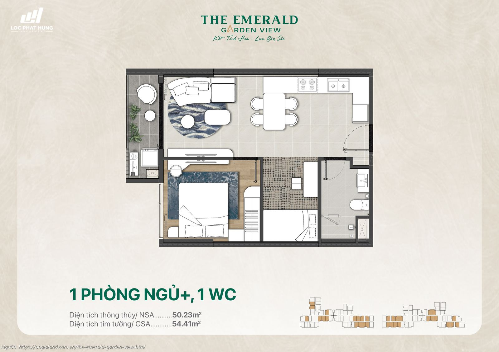 Thiết kế căn hộ 1 phòng ngủ+, 1WC (50.23m²) chung cư The Emerald Garden View